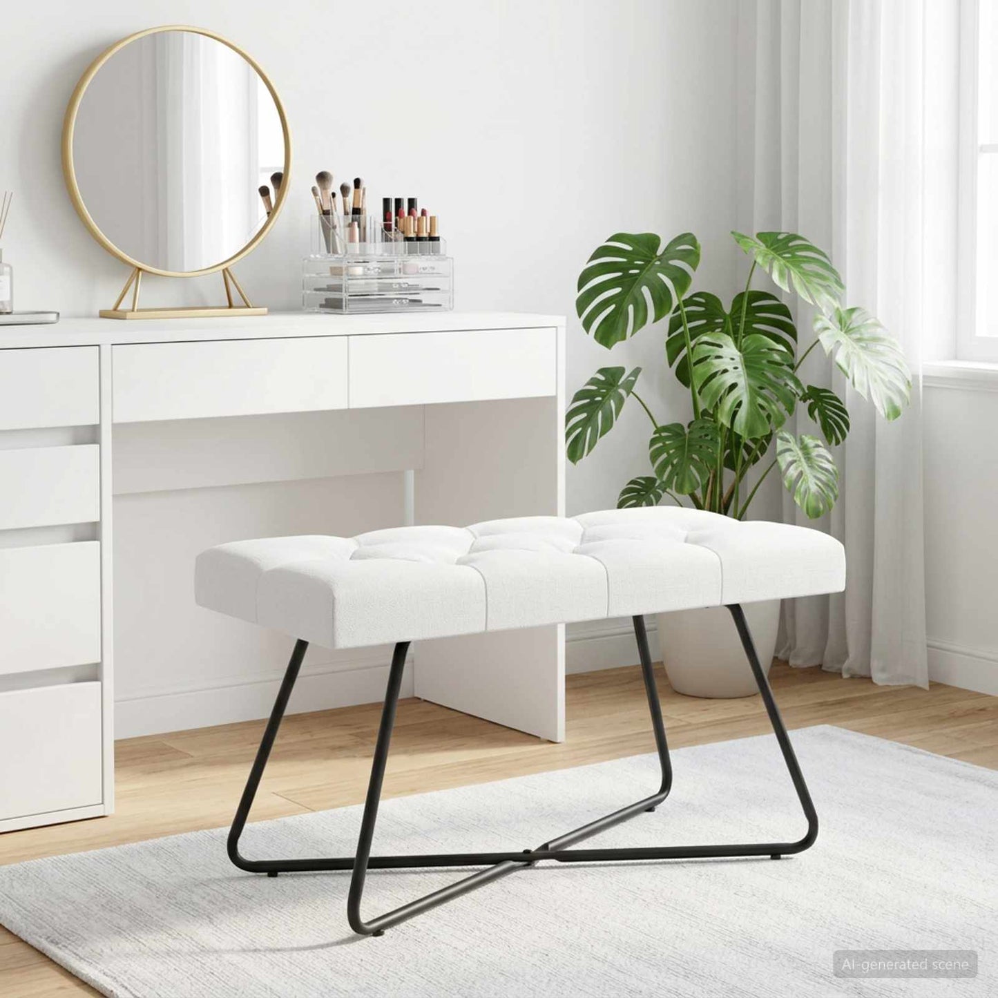 Bænk med knap tufting Hvid 80 x 40 x 46 cm Stof