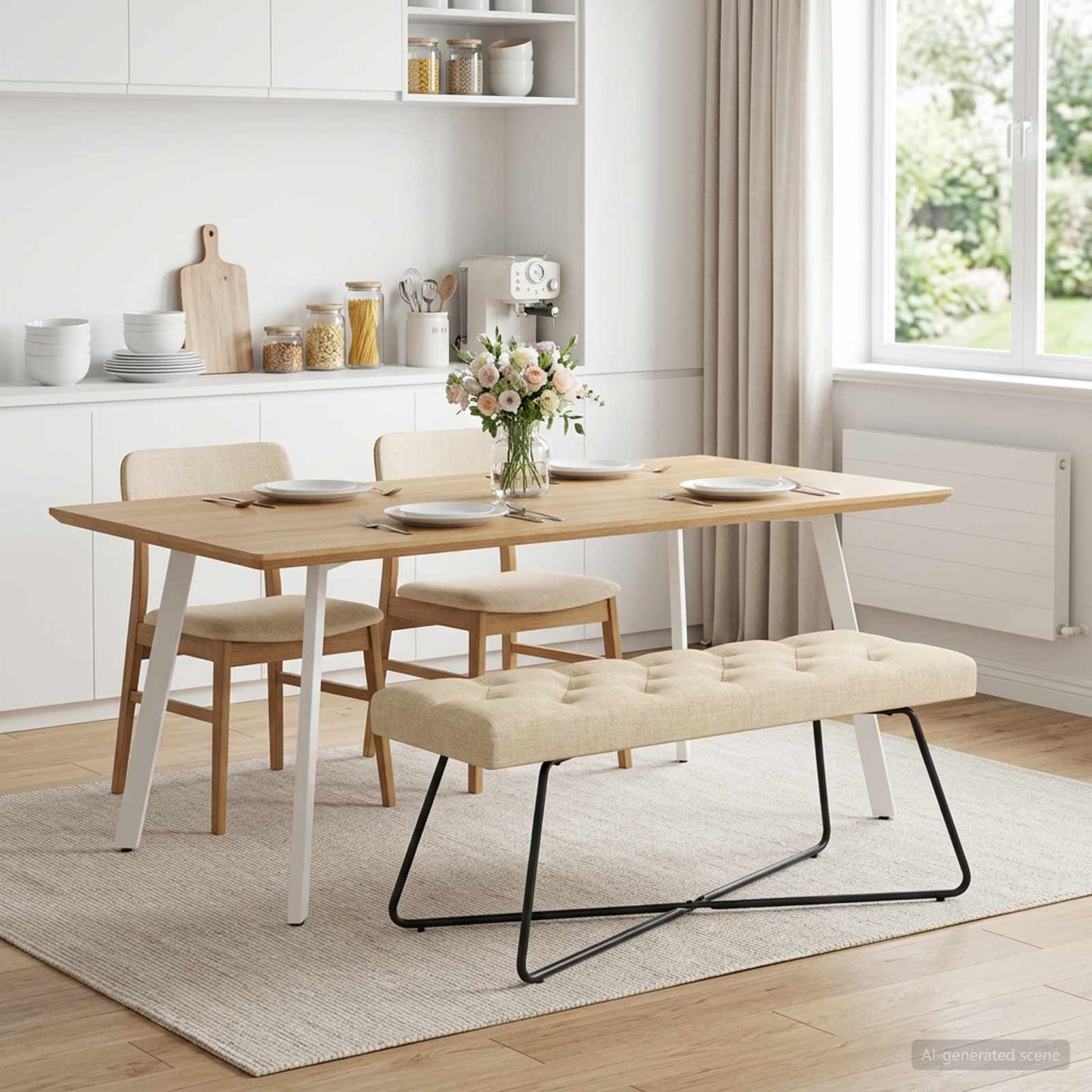 Bænk med knap tufting Cremefarvet 110 x 40 x 46 cm Stof