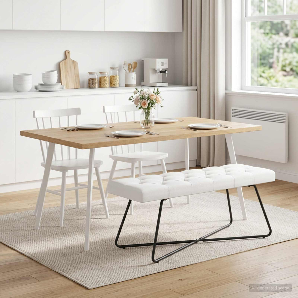 Bænk med knap tufting Hvid 110 x 40 x 46 cm Stof