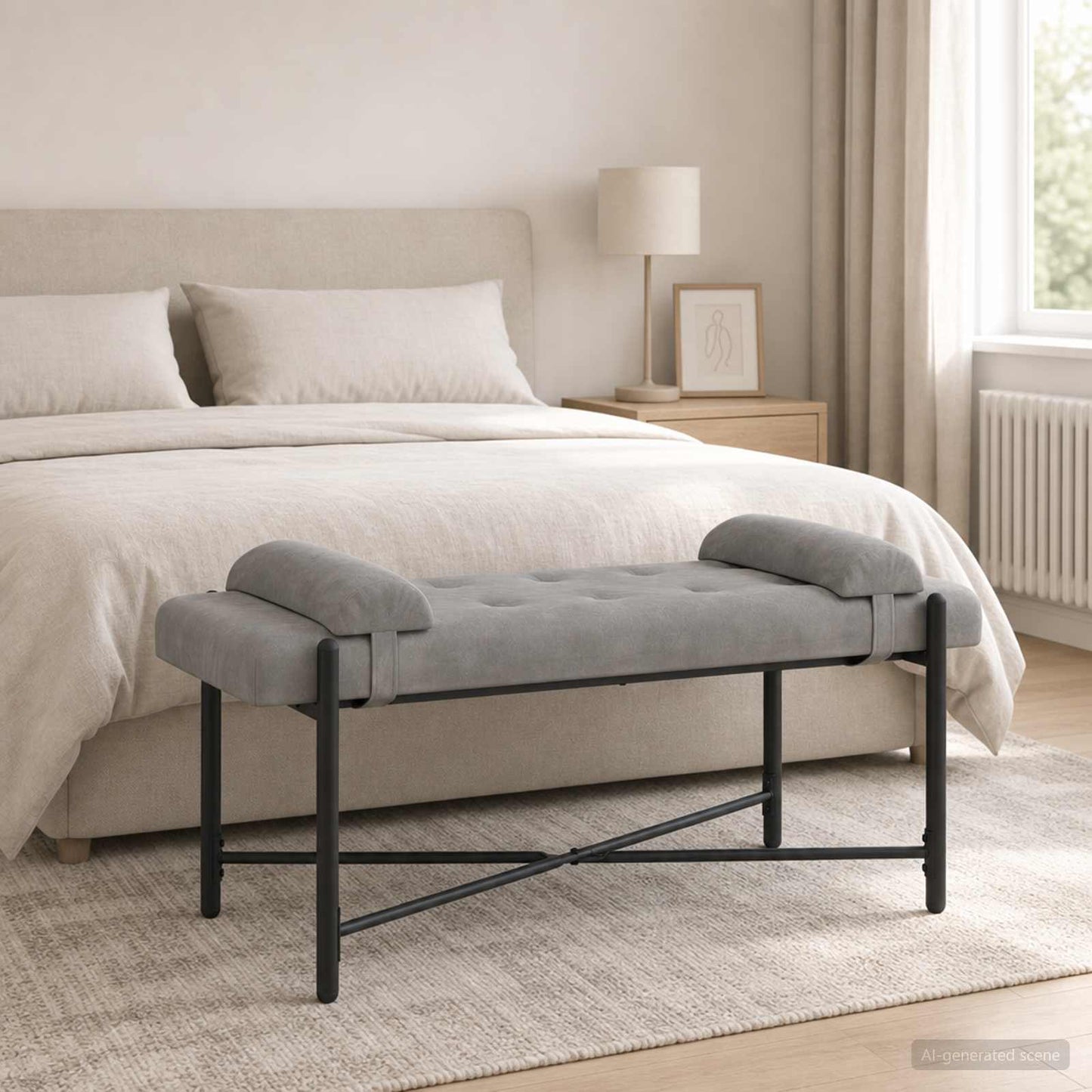 Knappet bænk med puder Lysegrå 110 x 40 x 46 cm Fløjl