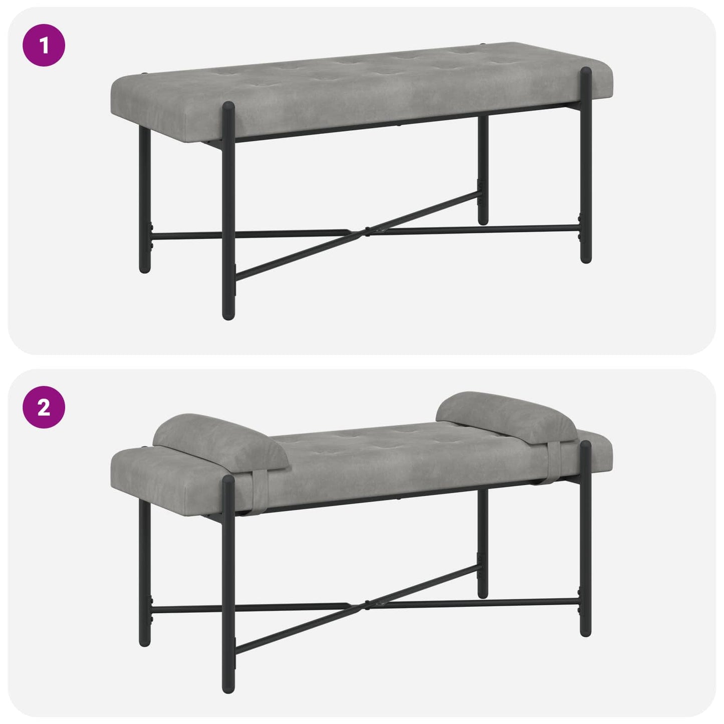 Knappet bænk med puder Lysegrå 110 x 40 x 46 cm Fløjl