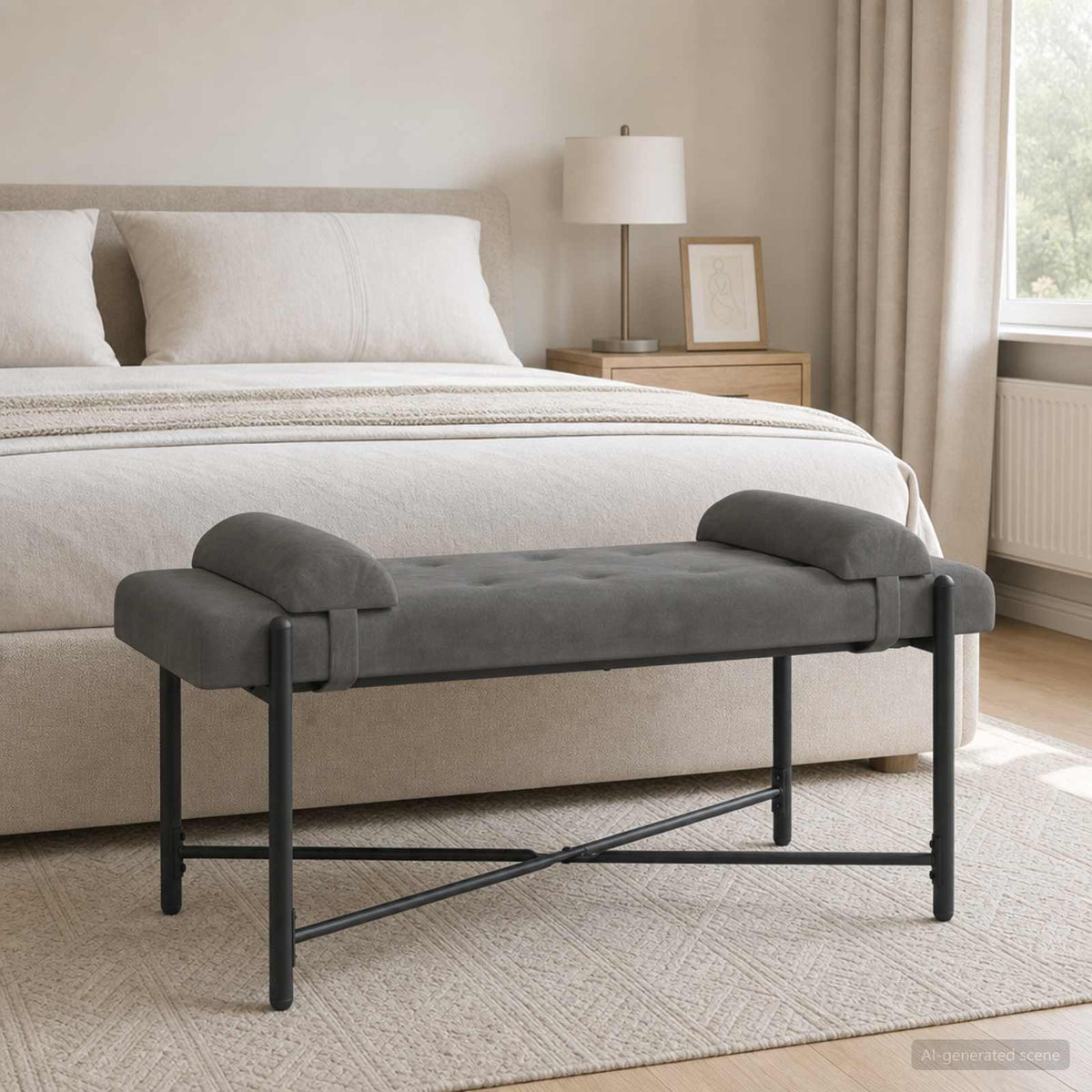 Knappet bænk med puder Mørkegrå 110 x 40 x 46 cm Fløjl