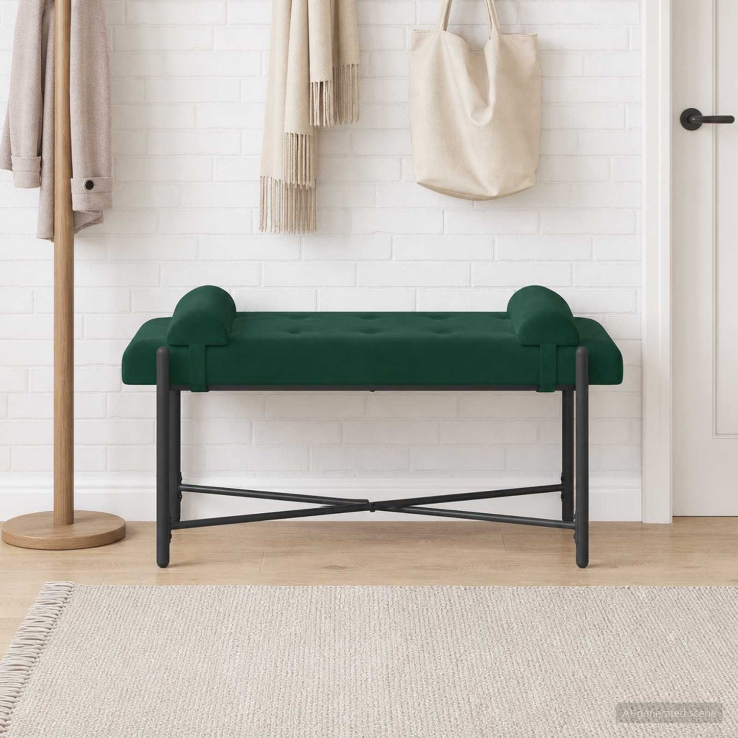 Knappet bænk med puder Mørkegrøn 110 x 40 x 46 cm Fløjl