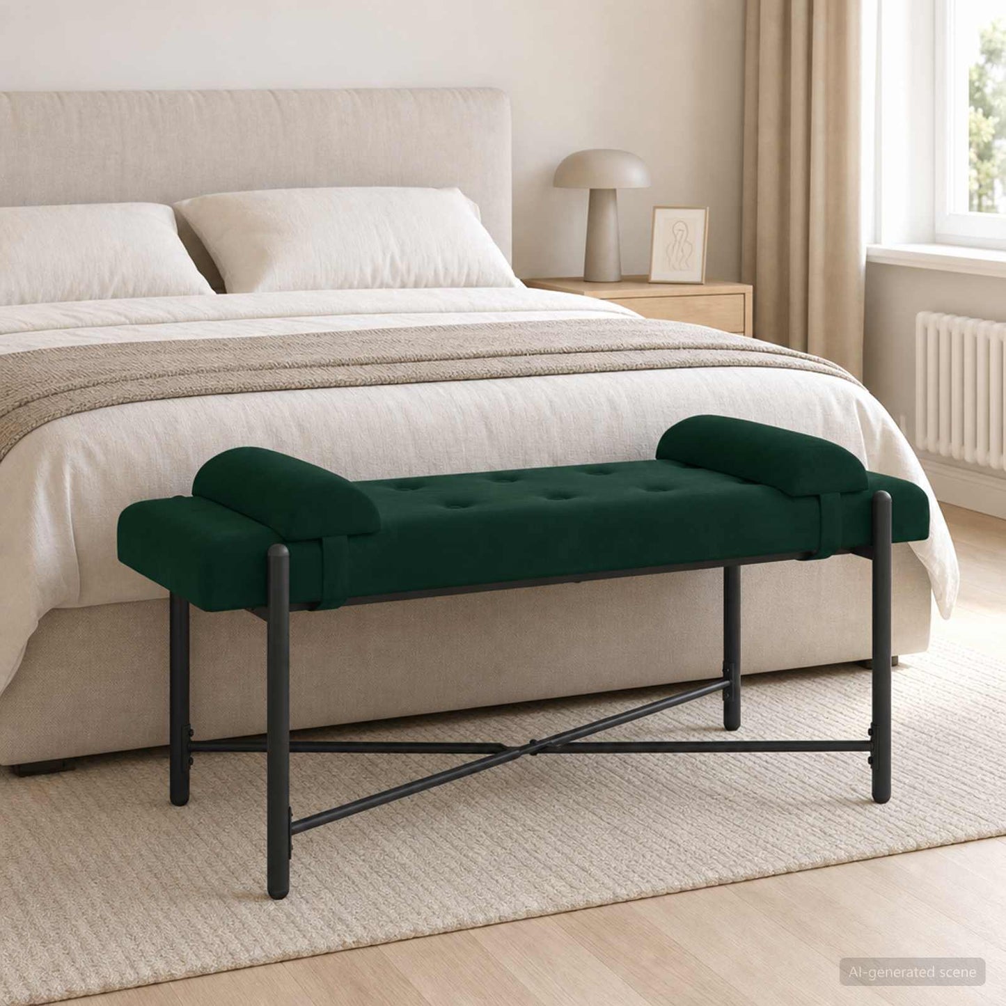 Knappet bænk med puder Mørkegrøn 110 x 40 x 46 cm Fløjl