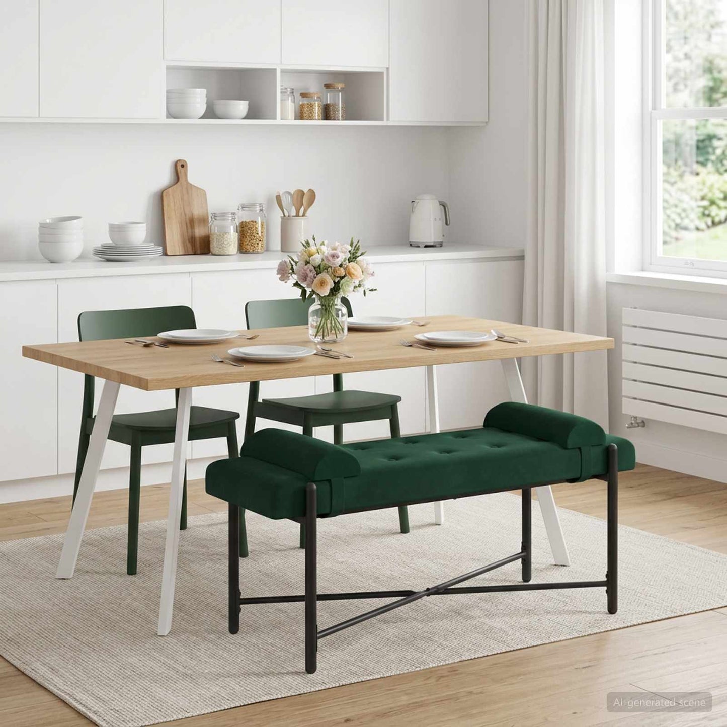 Knappet bænk med puder Mørkegrøn 110 x 40 x 46 cm Fløjl
