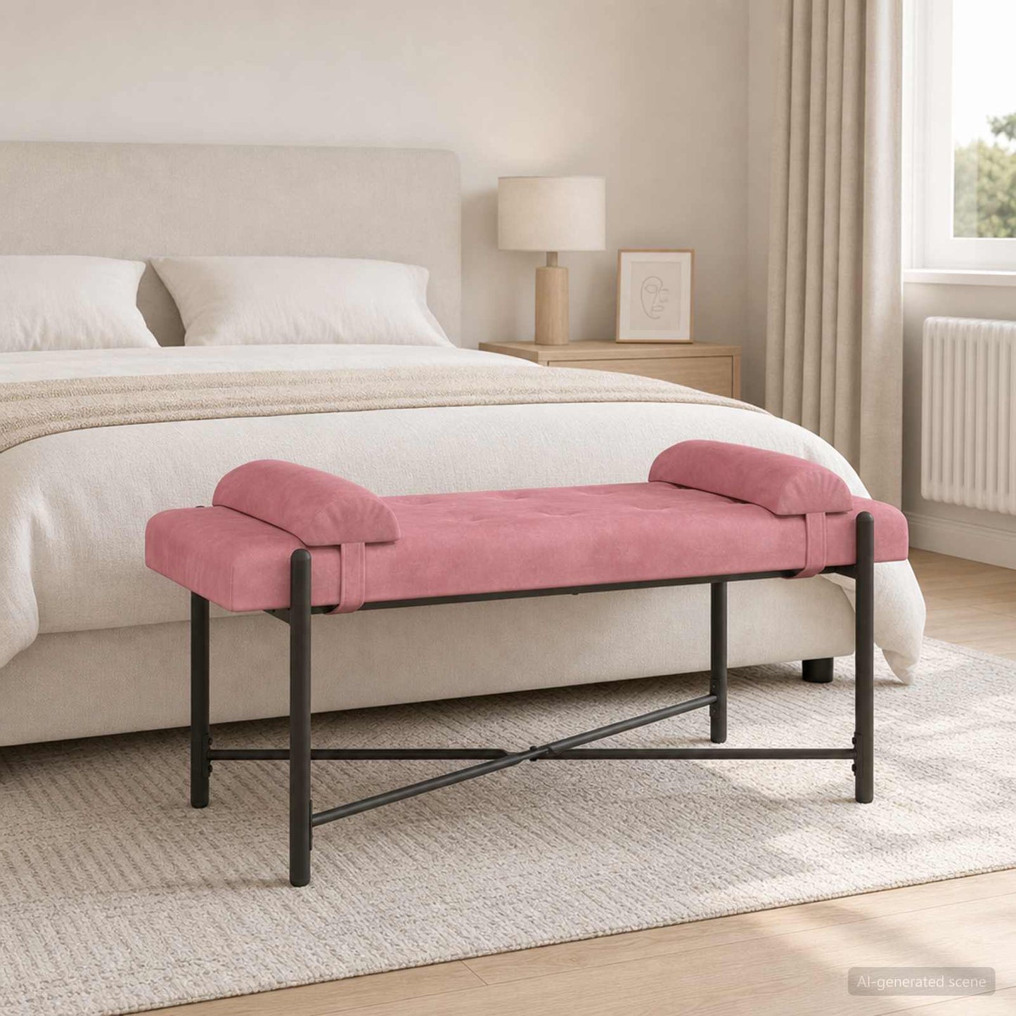 Knappet bænk med puder Lyserød 110 x 40 x 46 cm Fløjl