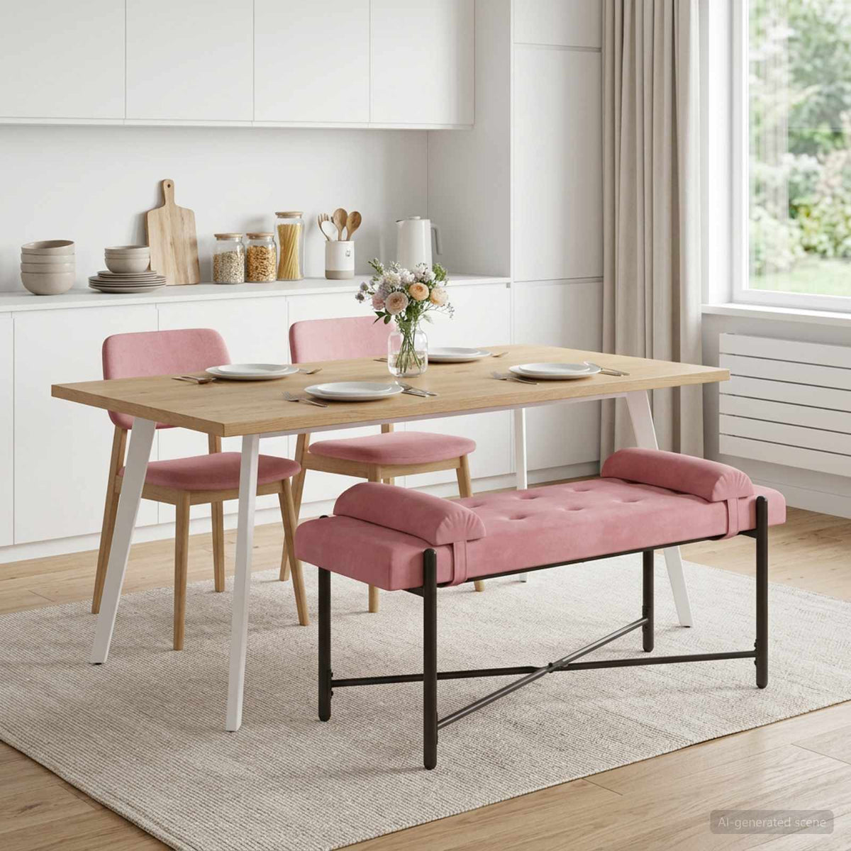 Knappet bænk med puder Lyserød 110 x 40 x 46 cm Fløjl
