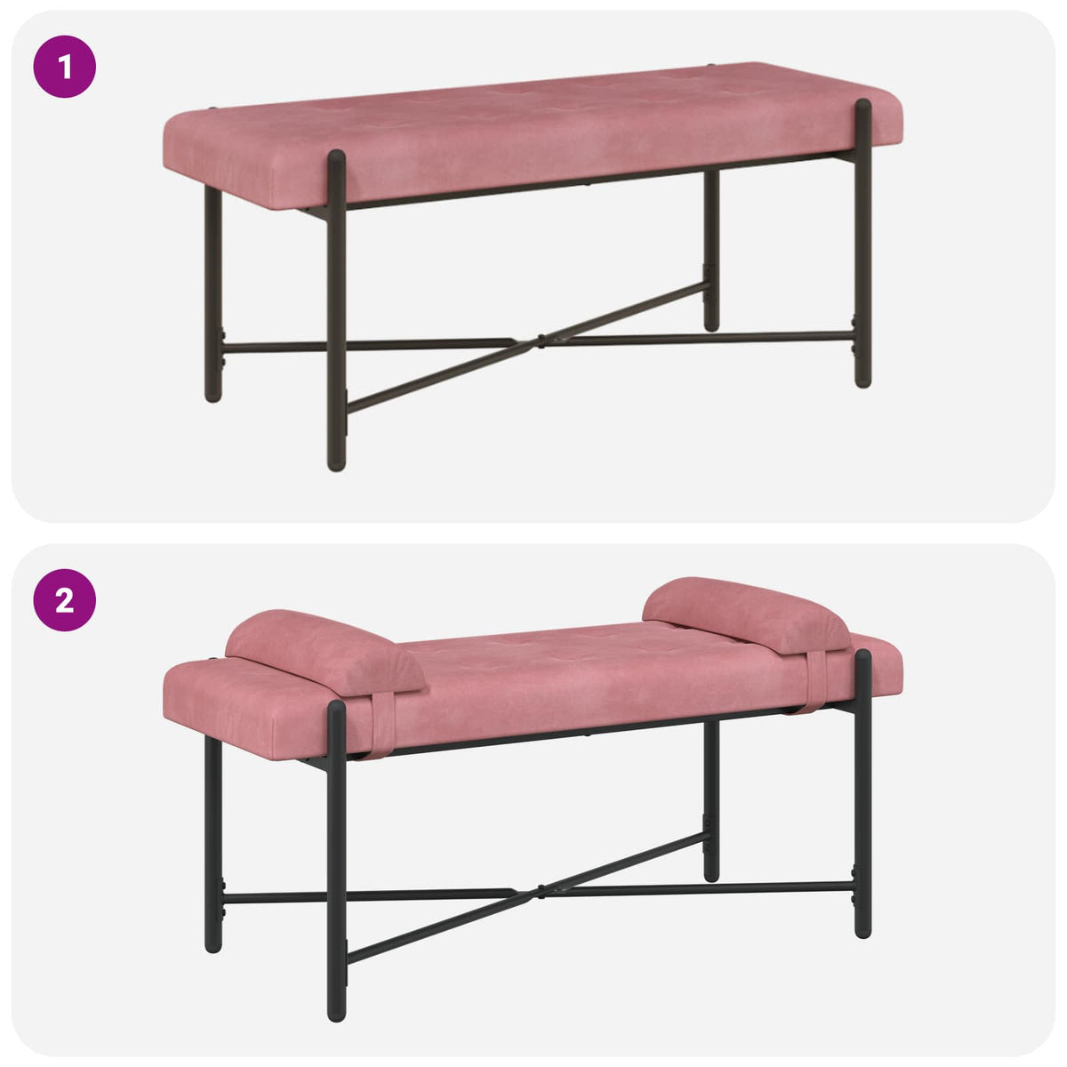 Knappet bænk med puder Lyserød 110 x 40 x 46 cm Fløjl
