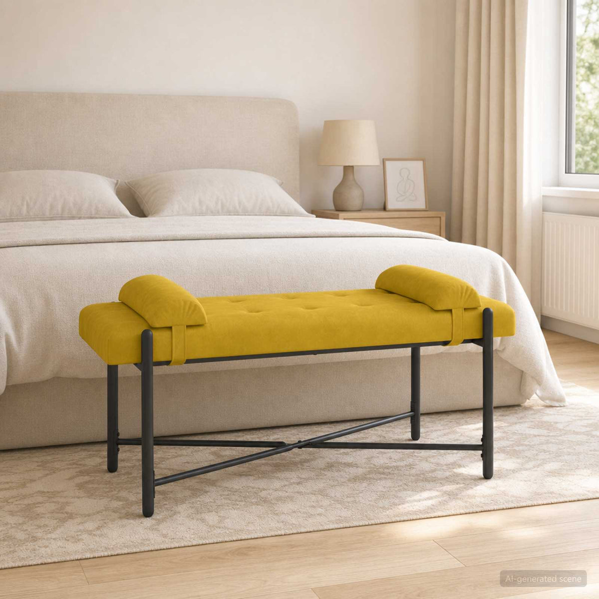 Knappet bænk med puder Gul 110 x 40 x 46 cm Fløjl