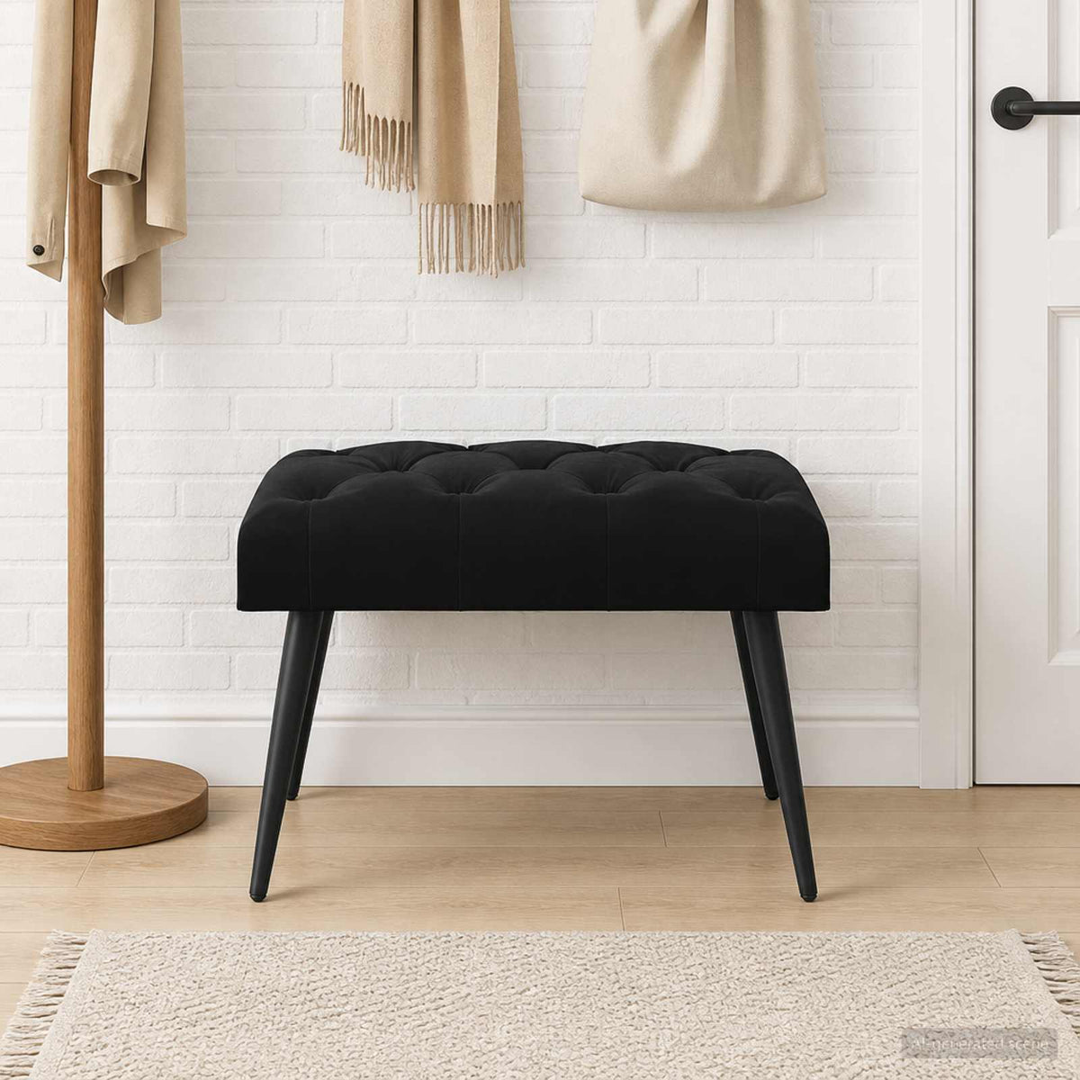 Bænk med knap tufting Sort 60 x 40 x 45 cm Fløjl