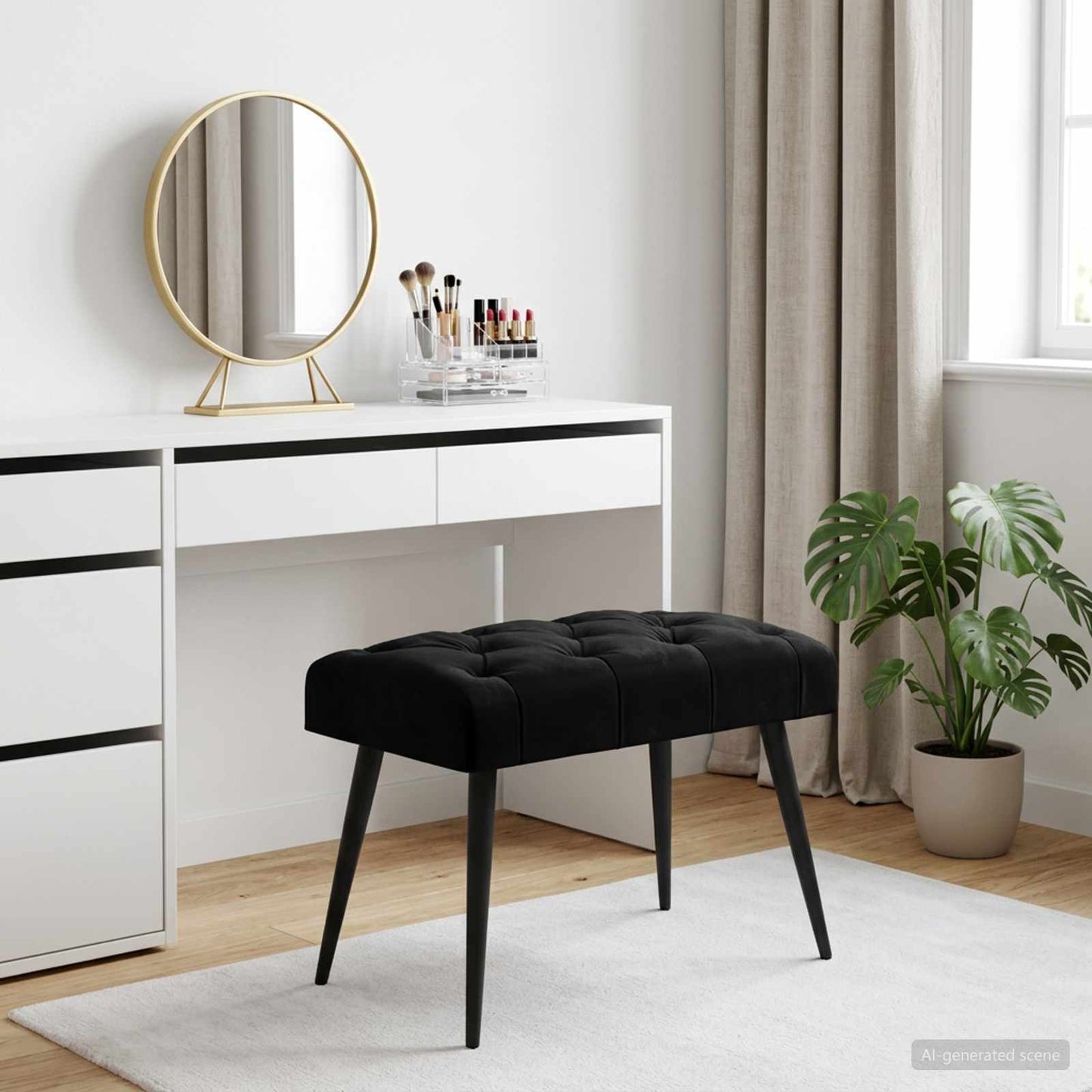 Bænk med knap tufting Sort 60 x 40 x 45 cm Fløjl