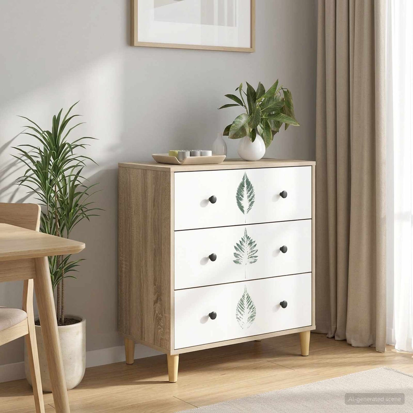 Skuffeskab HANAU Grøn bladmønster 66 x 36,5 x 75 cm Sonoma-eg