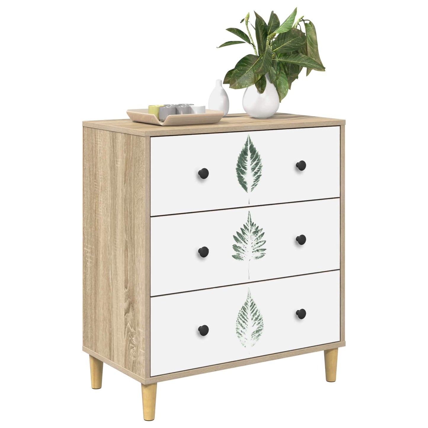 Skuffeskab HANAU Grøn bladmønster 66 x 36,5 x 75 cm Sonoma-eg