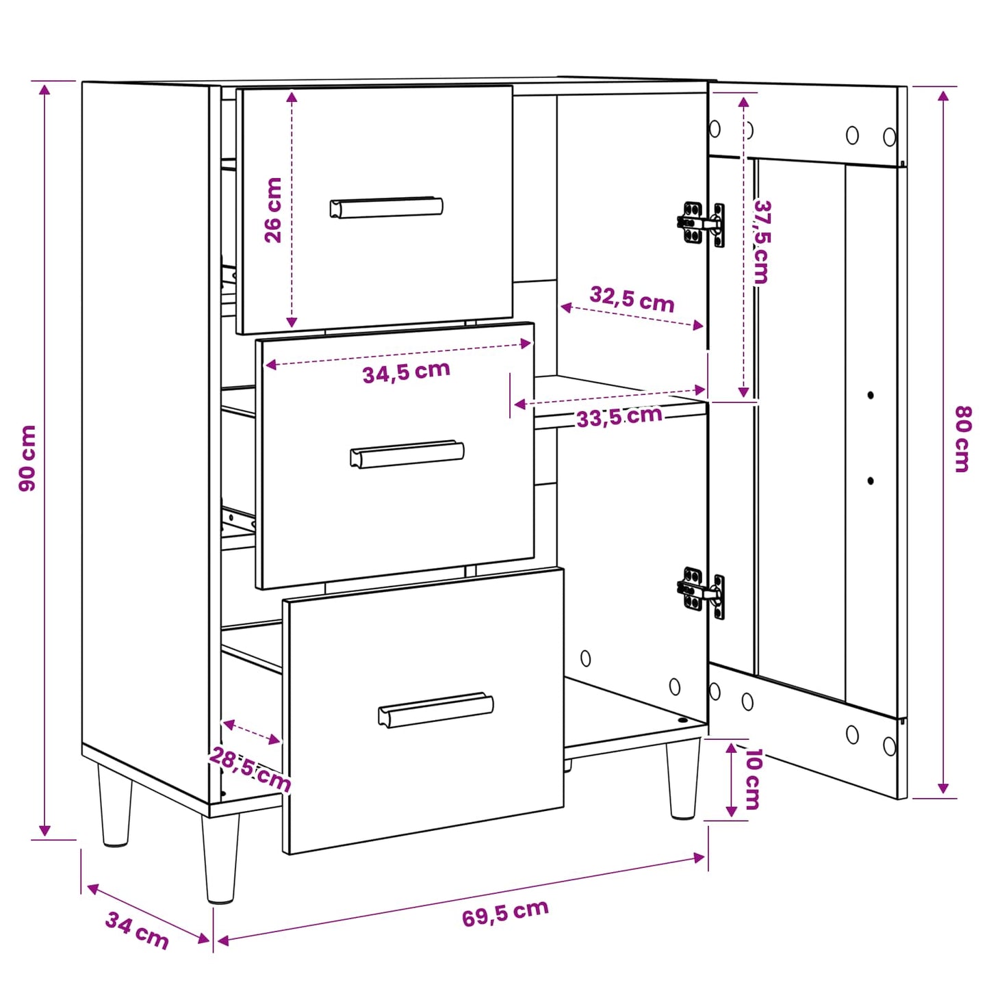 Sideboard Sort eg 69,5 x 34 x 90 cm Konstrueret træ