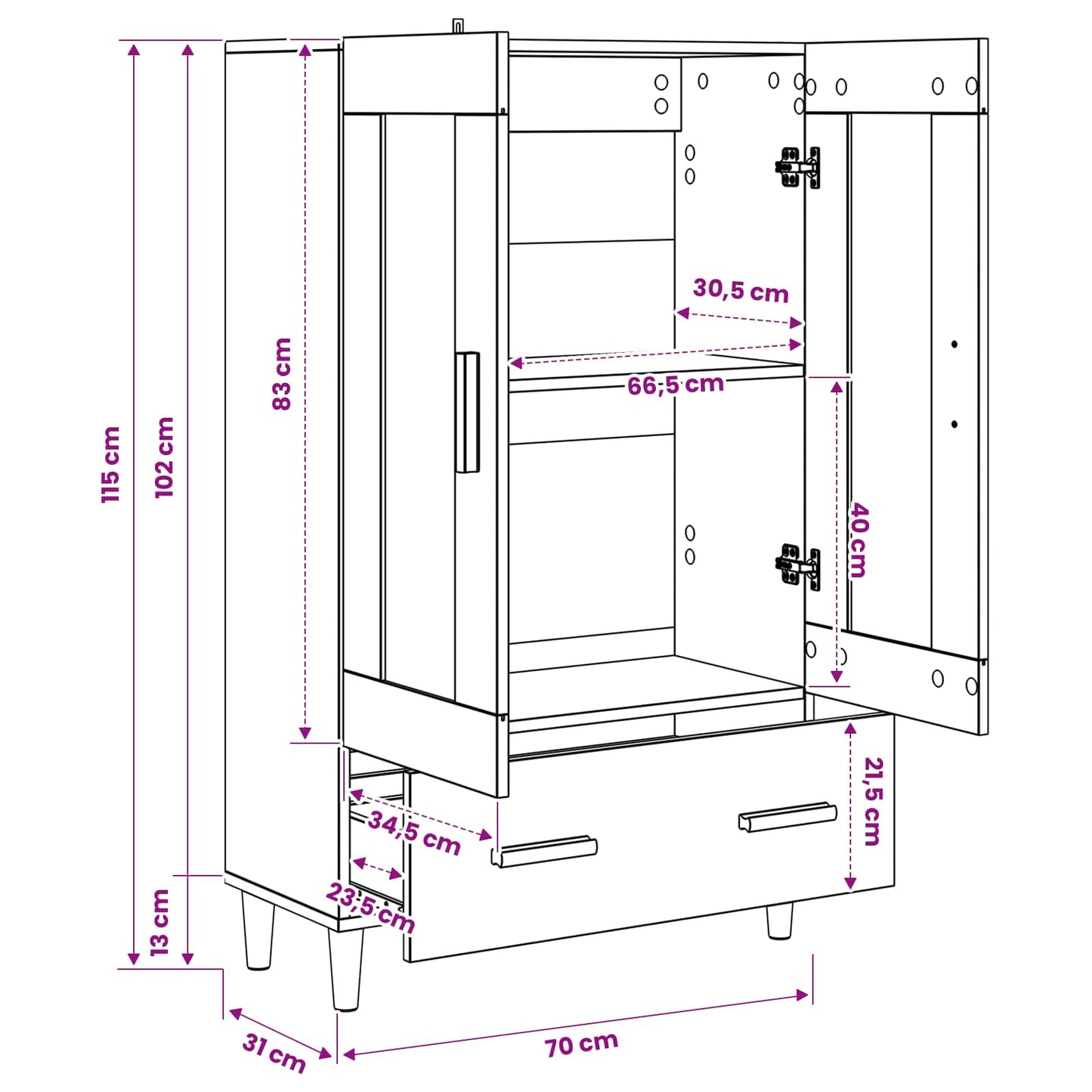 Highboard Sort eg 70 x 31 x 115 cm Konstrueret træ