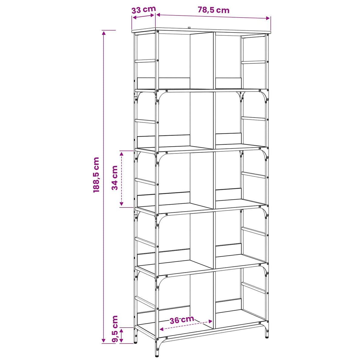 Bogreol 4 niveauer 78,5 x 33 x 188,5 cm metal PB Sort eg