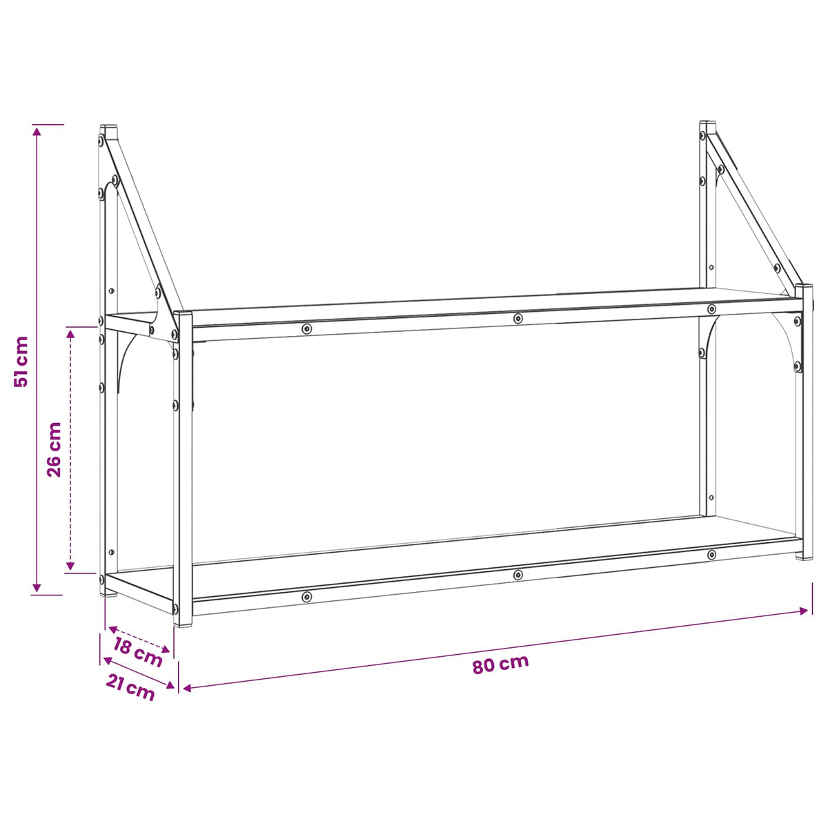 Væghylde Vægmonteret Sort eg 80 x 21 x 51 cm metal PB