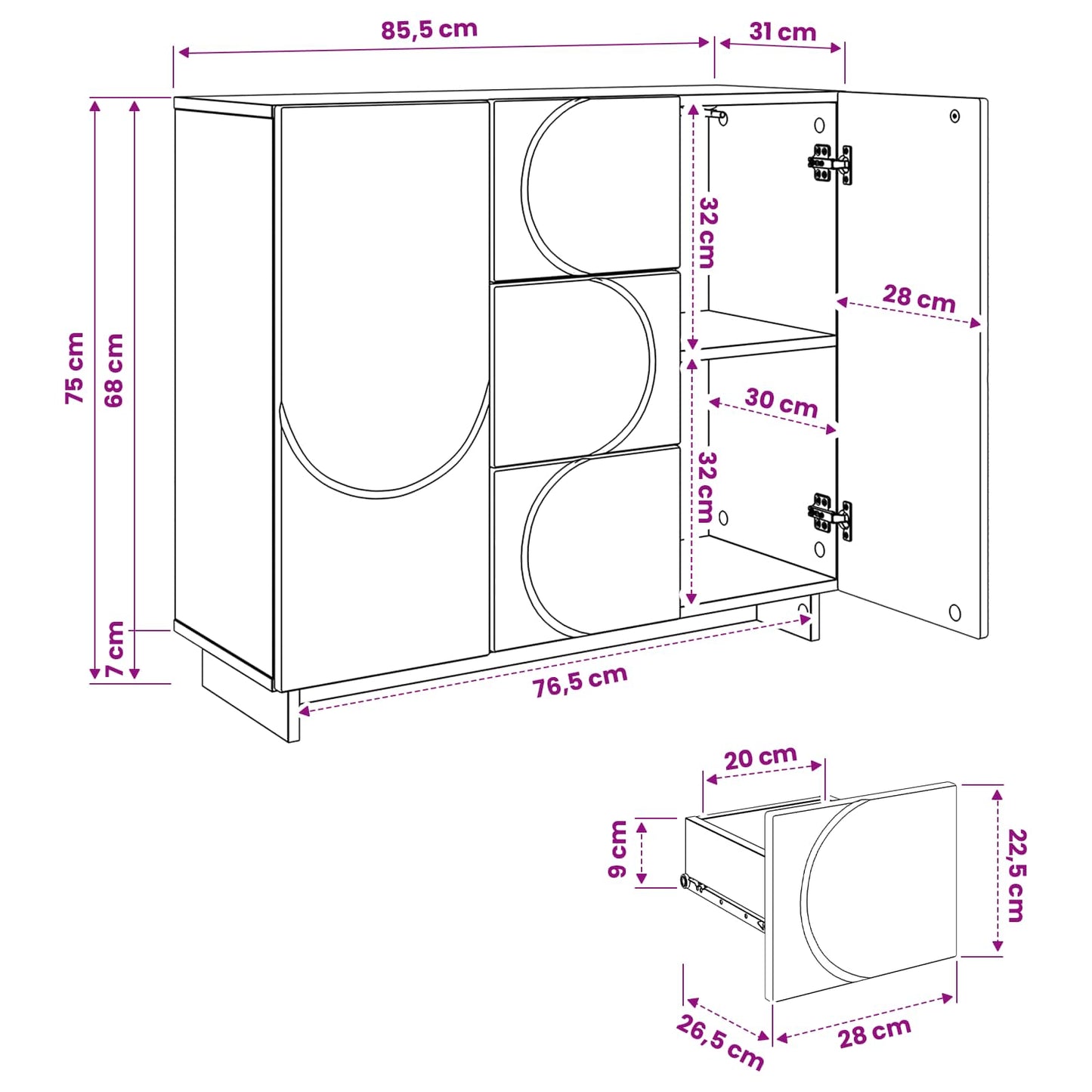Sideboard Hvid 85.5 x 31 x 75 cm Konstrueret træ