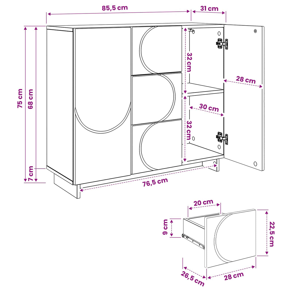 Sideboard Sonoma-eg 85.5 x 31 x 75 cm Konstrueret træ
