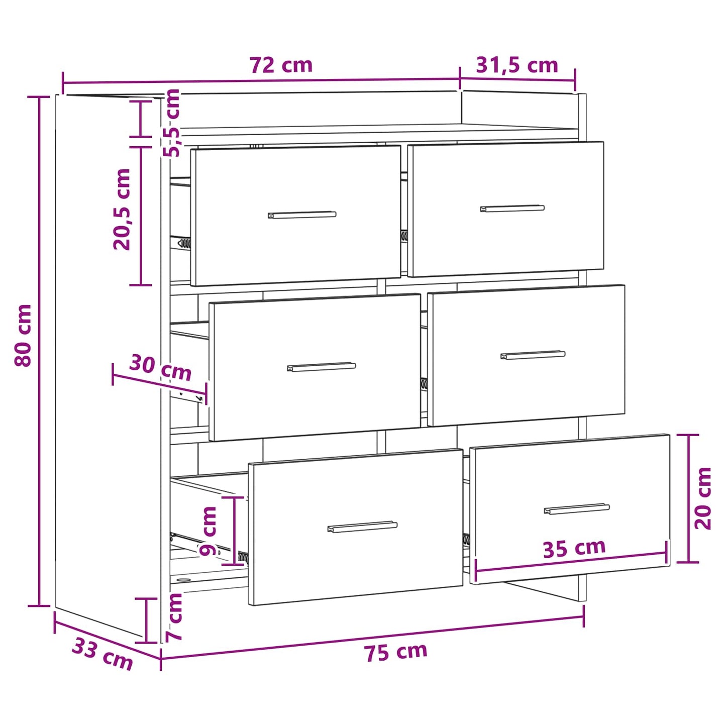 Sideboard Sonoma-eg 75 x 33 x 80 cm Konstrueret træ