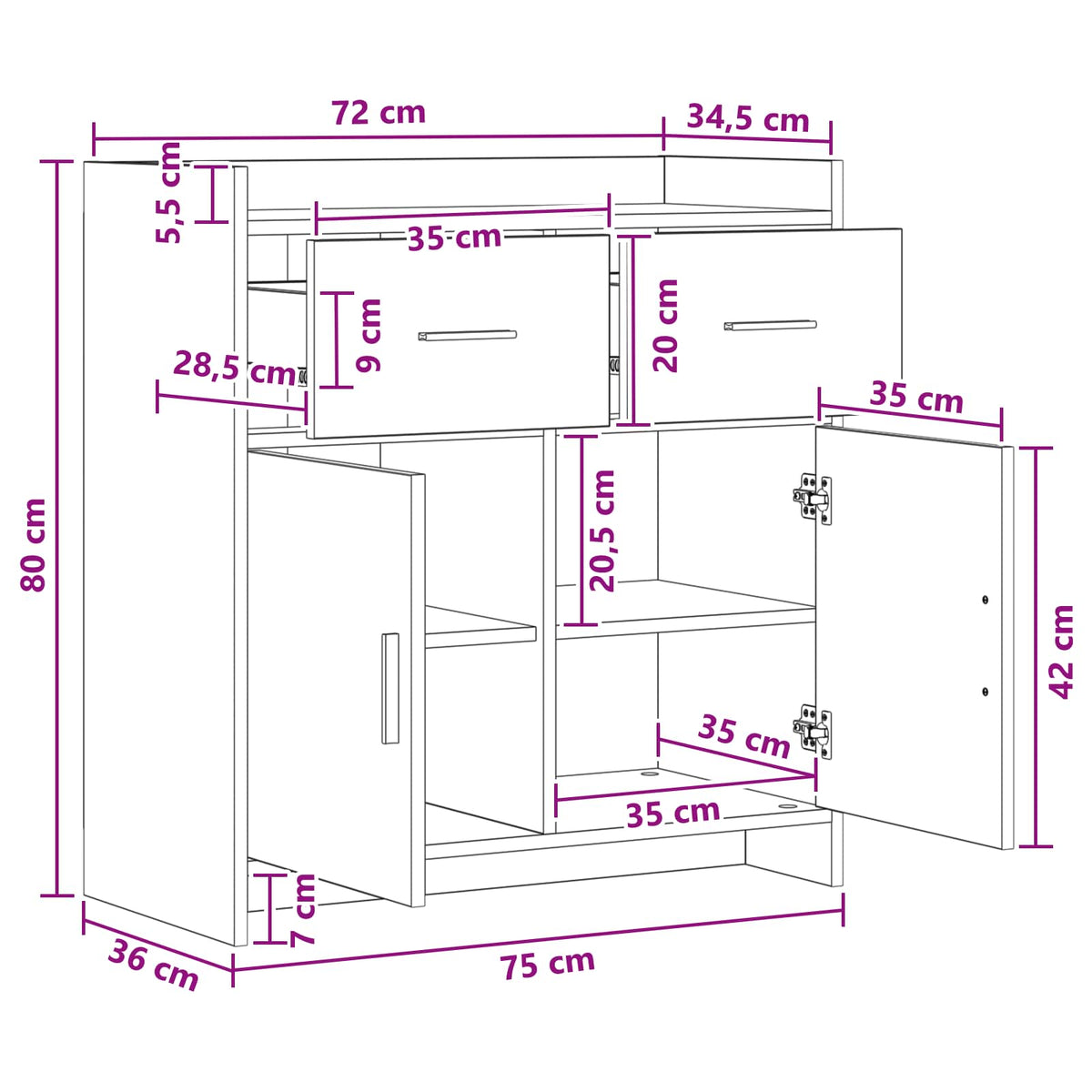 Sideboard Hvid 75 x 36 x 80 cm Konstrueret træ