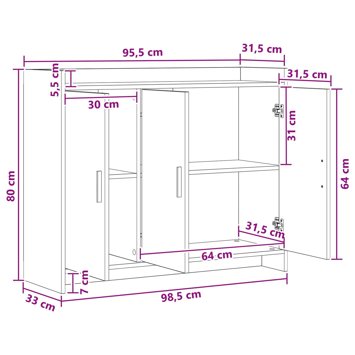 Sideboard Betongrå 98,5 x 33 x 80 cm Konstrueret træ
