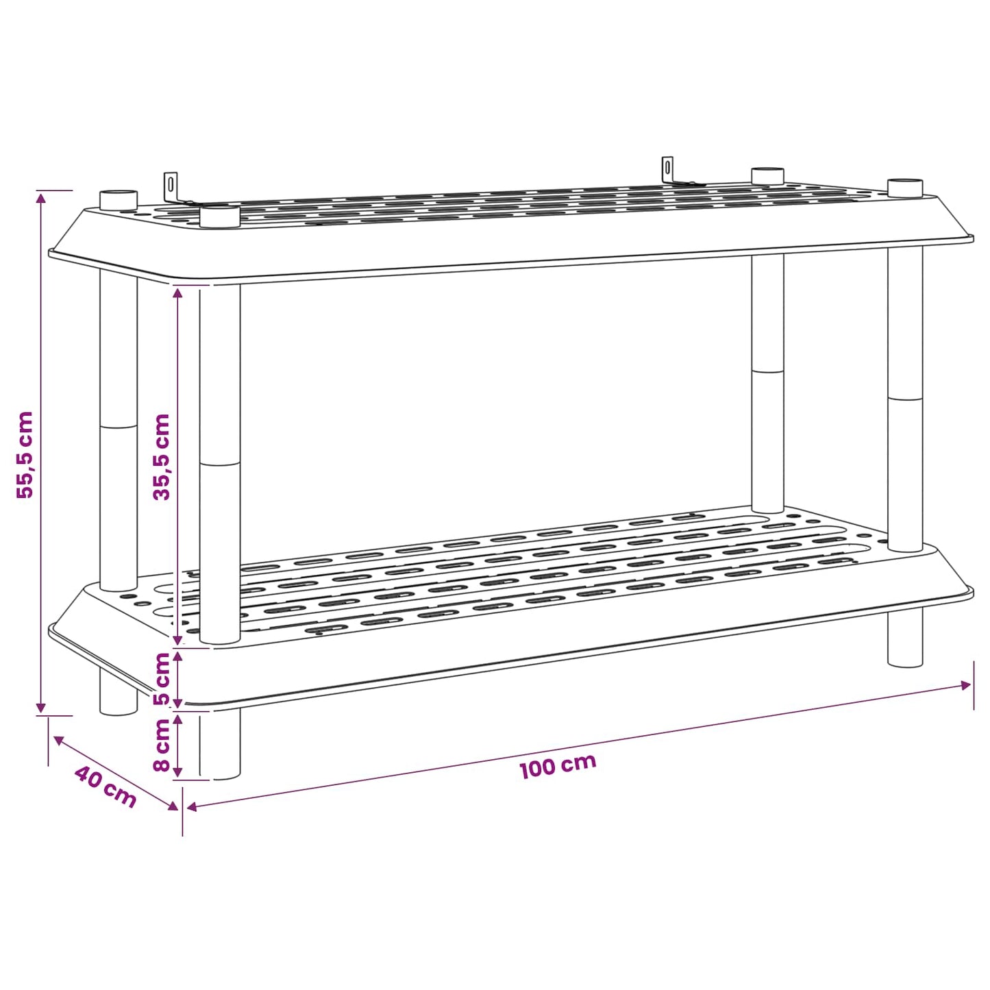 Reol 2 niveauer 100 x 40 x 55,5 cm PP Lysegrå
