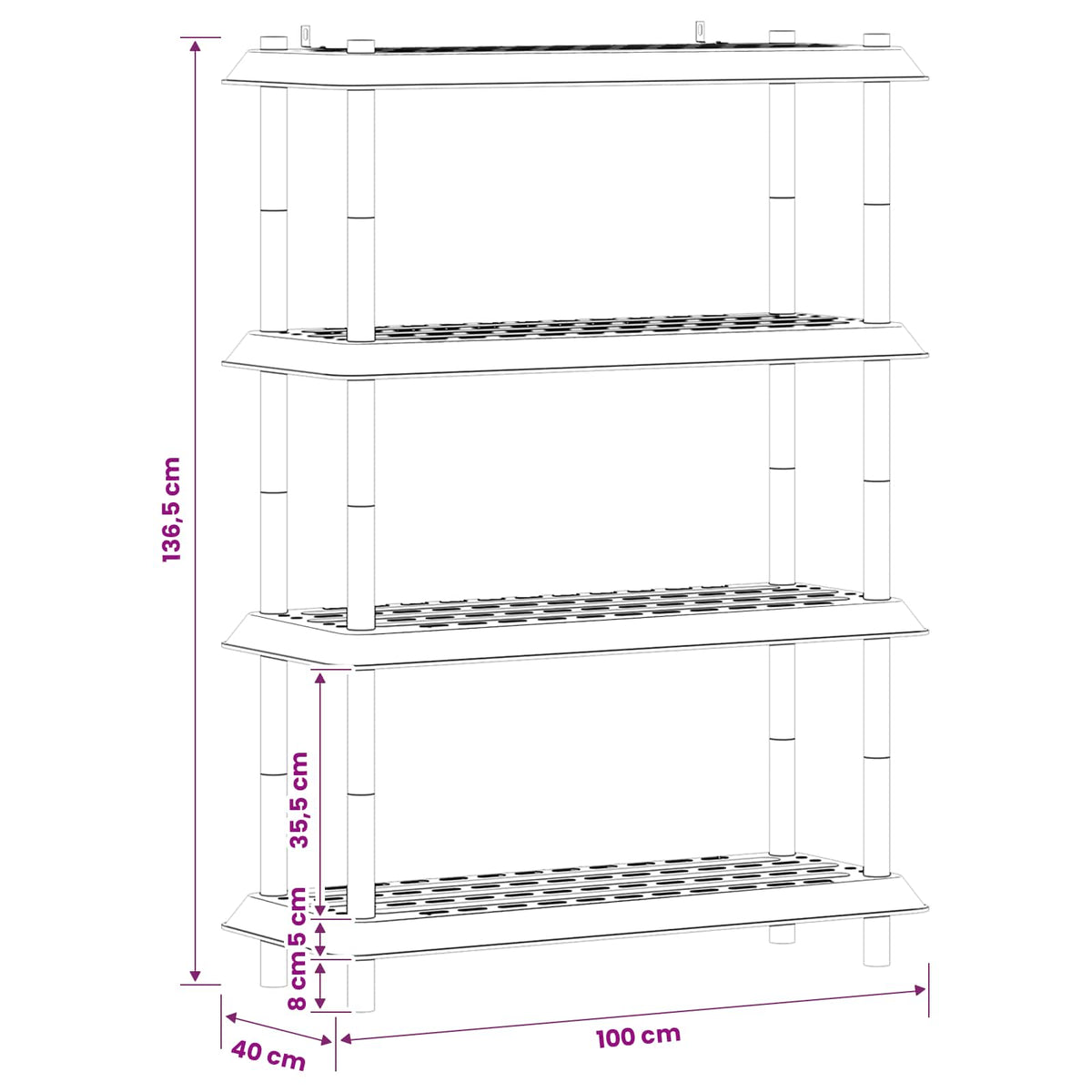 Reol 4 niveauer 100 x 40 x 136,5 cm PP Lysegrå
