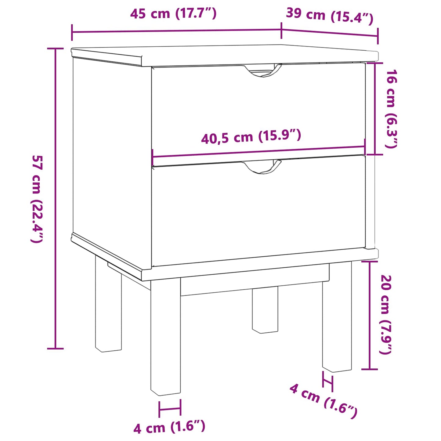 Sengebord OTTA Sort 45 x 39 x 57 cm Massivt fyrretræ