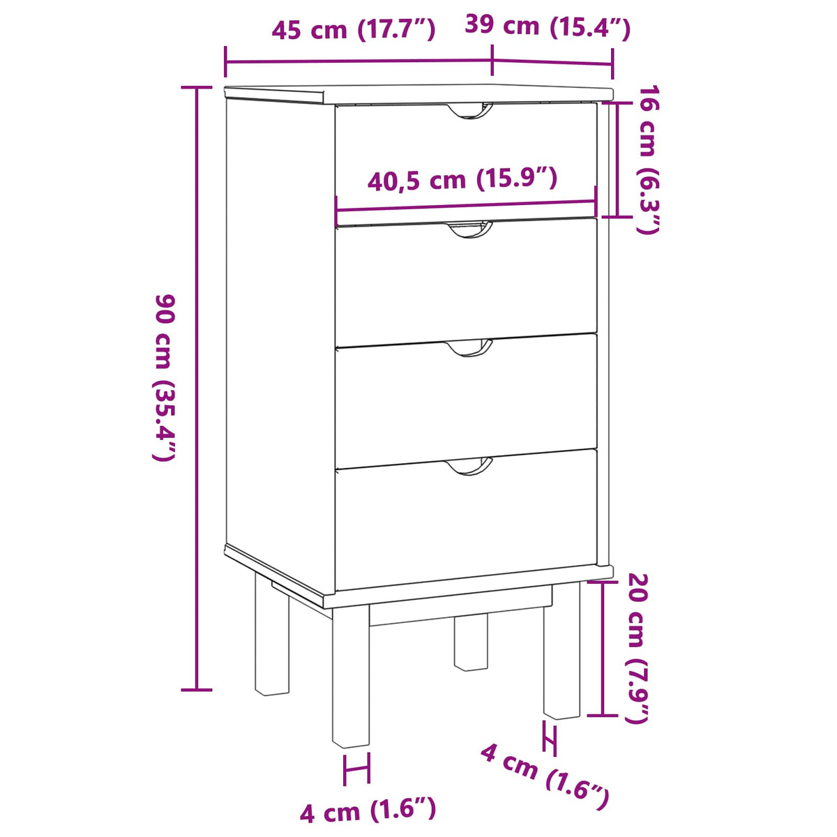 Skuffeskab OTTA Sort 45 x 39 x 90 cm Massivt fyrretræ