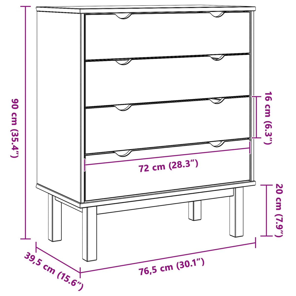 Skuffeskab OTTA Sort 76,5 x 39,5 x 90 cm Massivt fyrretræ
