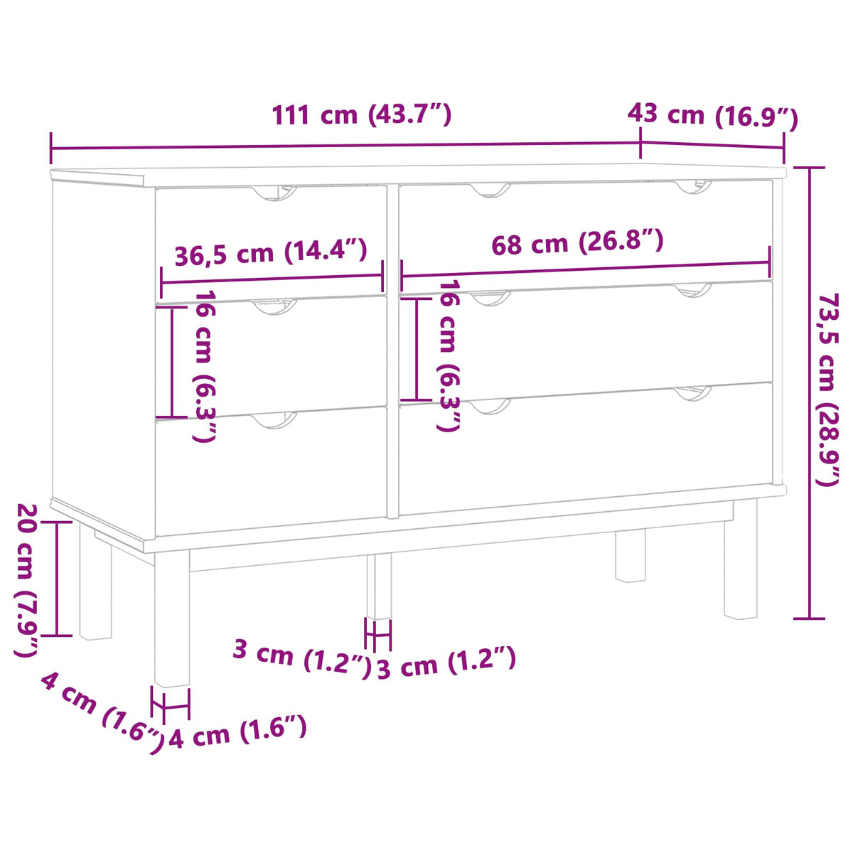Skuffeskab OTTA Sort 111 x 43 x 73,5 cm Massivt fyrretræ