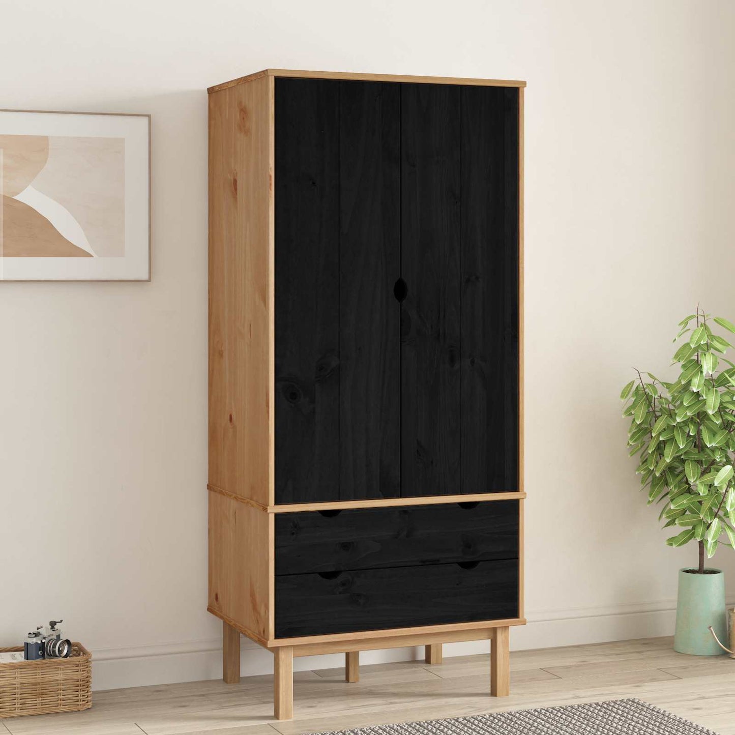 Garderobeskab OTTA Sort 76,5 x 53 x 172 cm Massivt fyrretræ