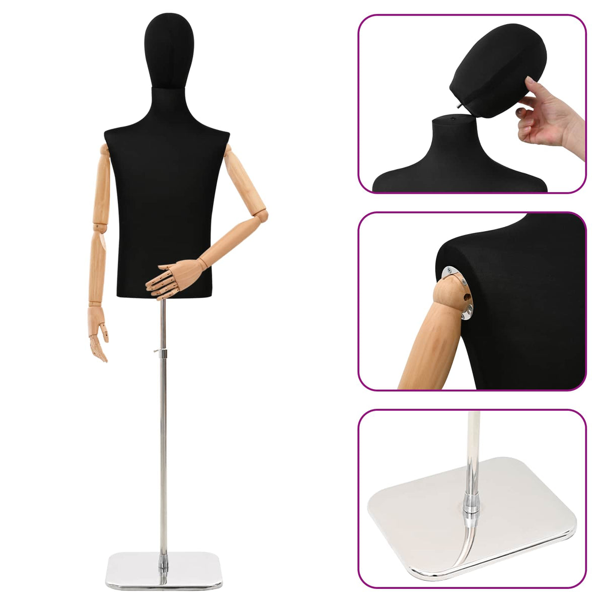 Justerbar mannequin 170-218 cm med base Mand PP Sort