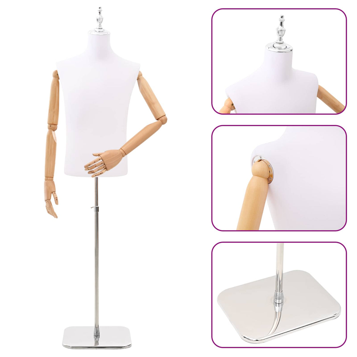 Justerbar mannequin 170-218 cm med base Mand PP Hvid