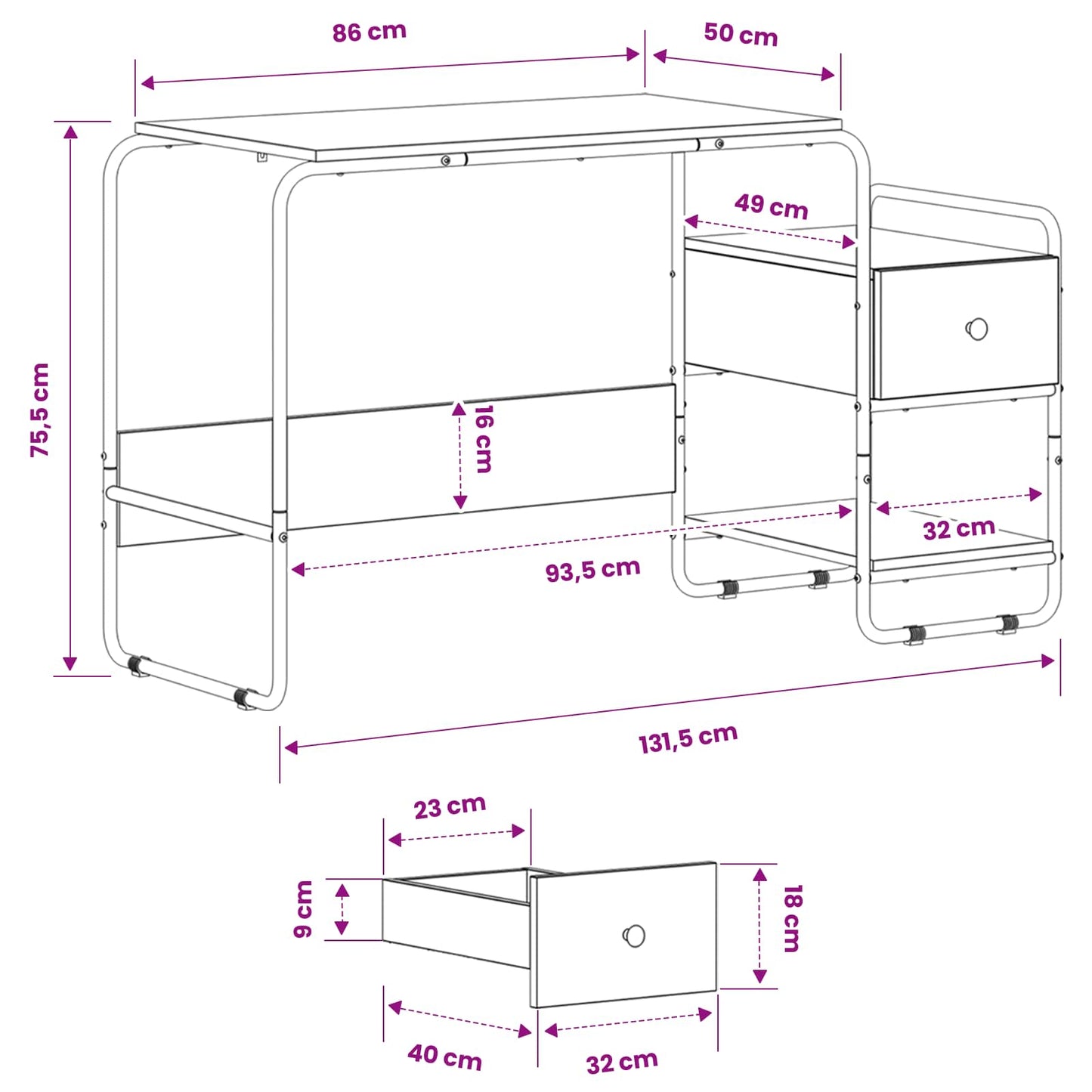 Skrivebord med opbevaring Sonoma-eg 131,5 x 50 x 75,5 cm
