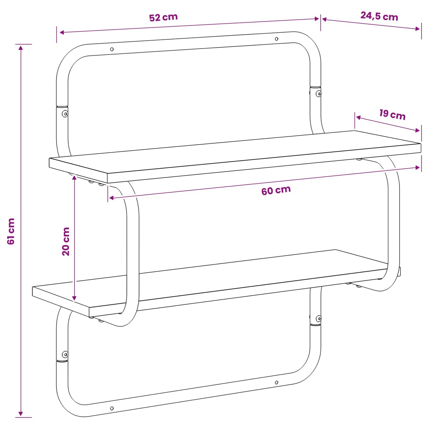 Væghylde i 2 niveauer Sort eg 60 x 24,5 x 61 cm Konstrueret træ