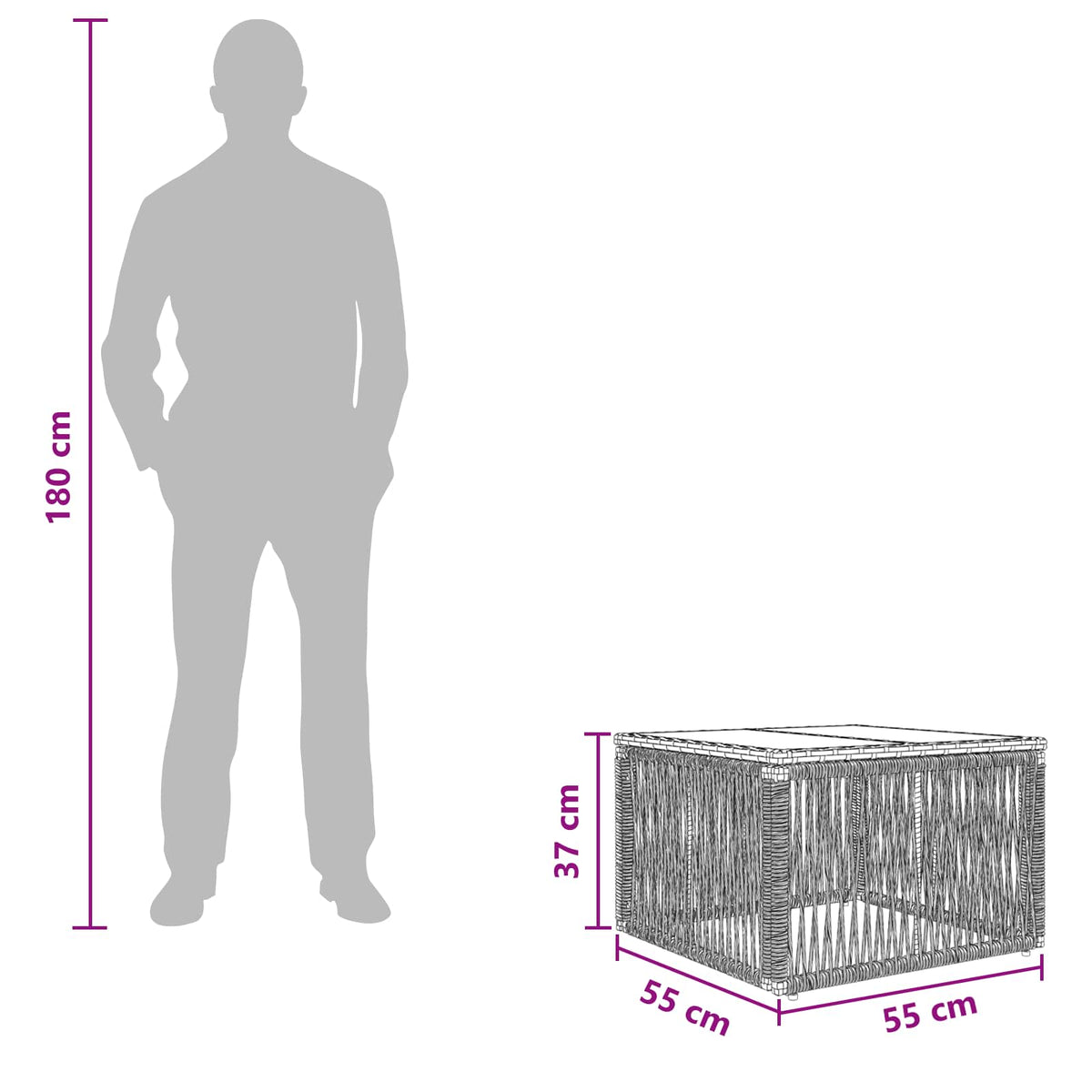 Havemøbel Bord Sort 55 x 55 x 37 cm PE Rattan og Glas