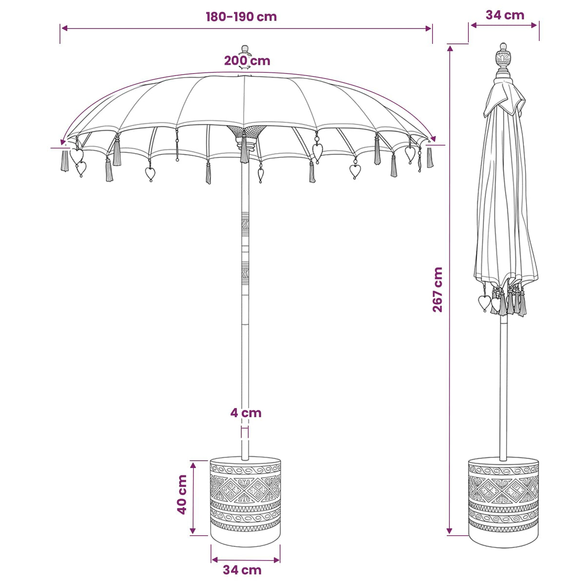 Balinesisk parasol med fod Rund 190 x 190 x 295 cm