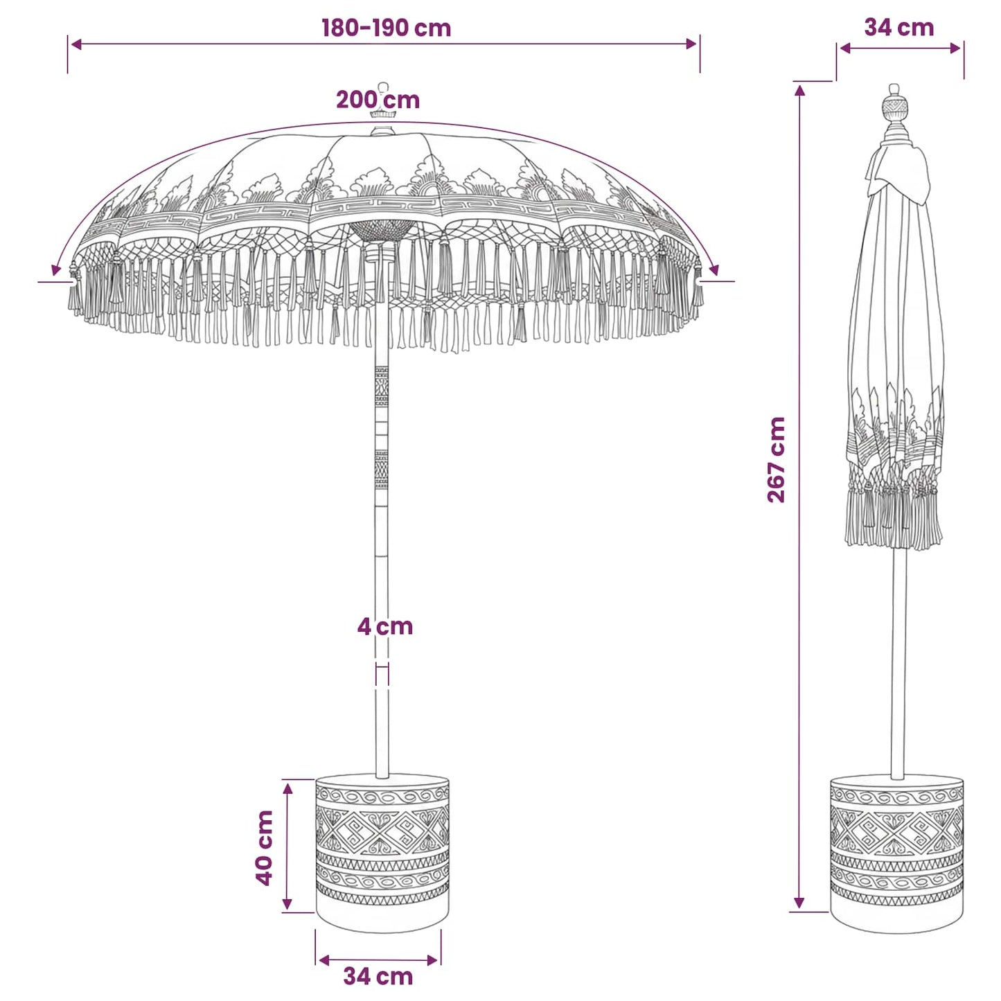 Balinesisk parasol med base 2 stk. Cremefarvet