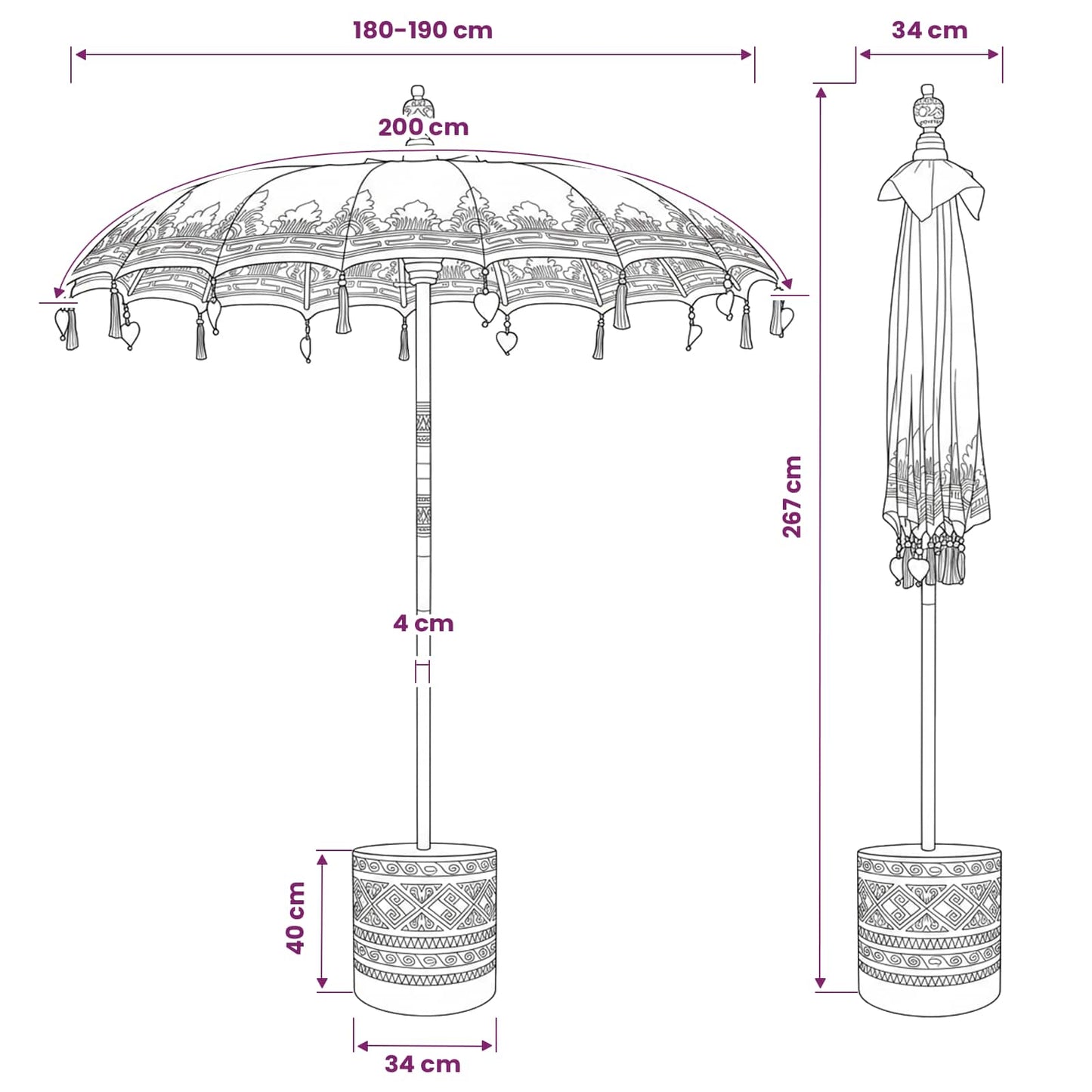 Balinesisk parasol med base 260 Rød og brun 190 x 190 x 295 cm