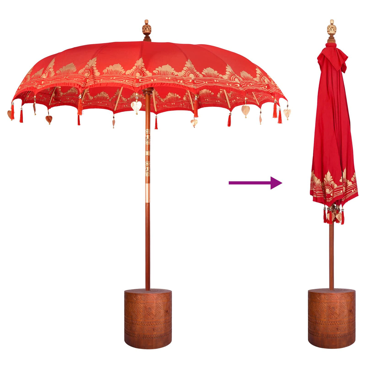 Balinesisk parasol med base 260 Rød og brun 220 x 220 x 295 cm