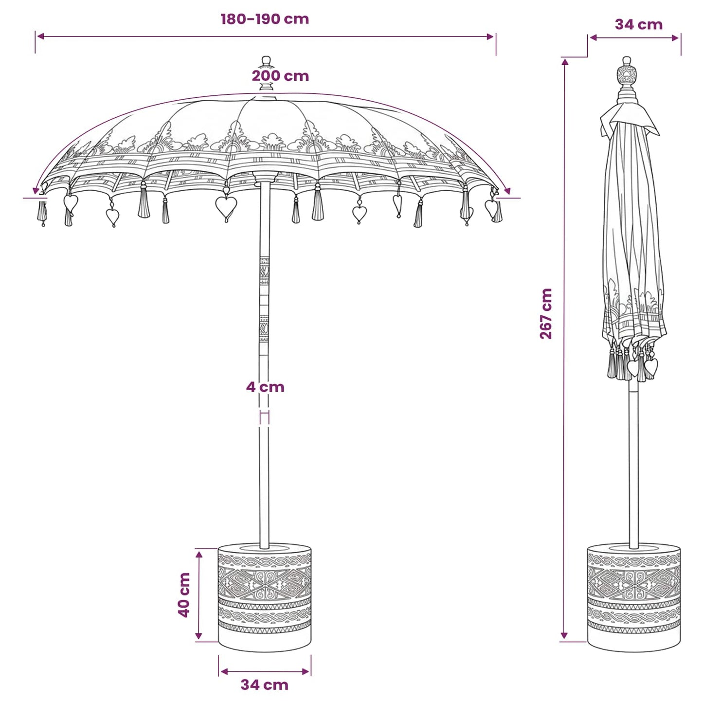 Balinesisk parasol med base 260 Gul og brun 190 x 190 x 295 cm