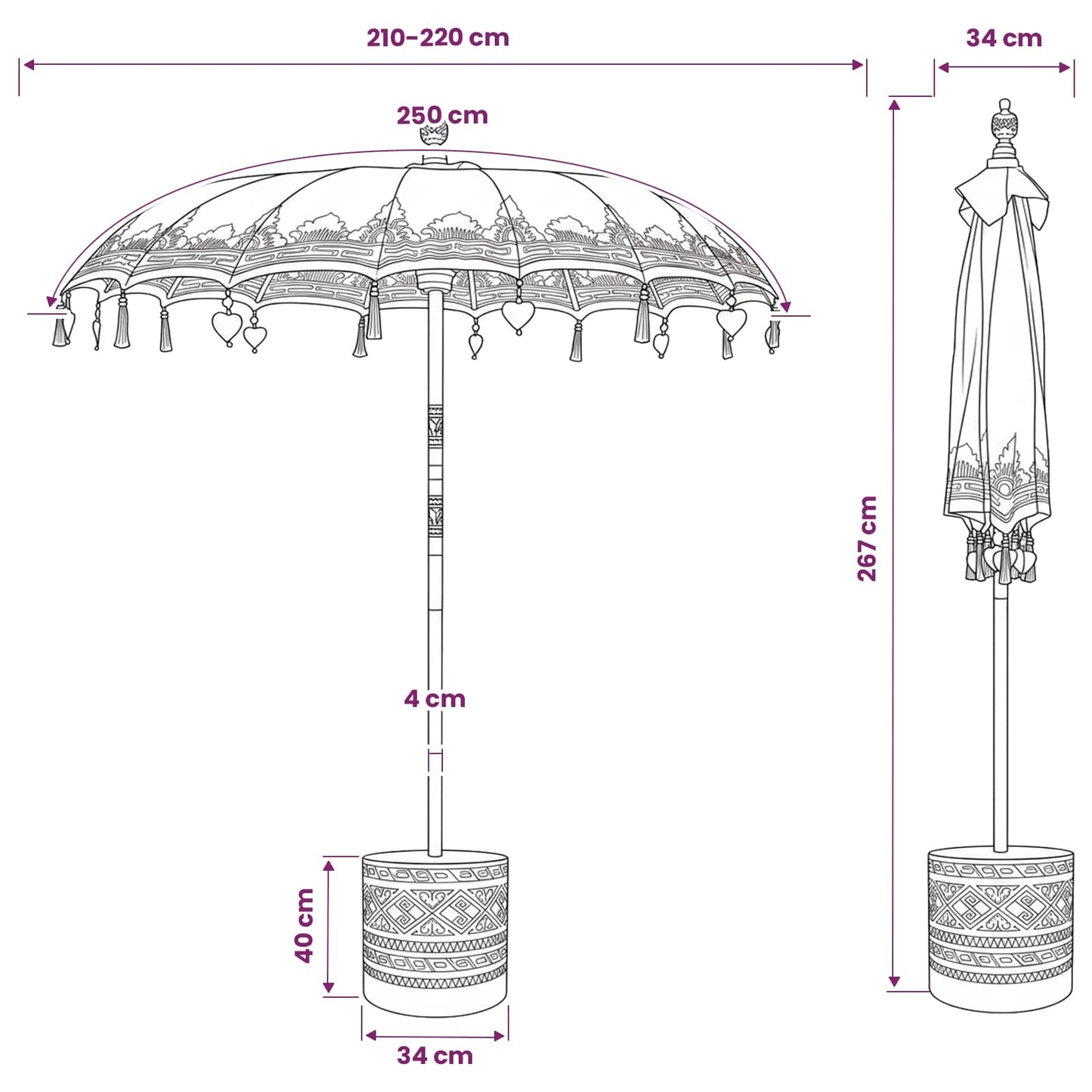 Balinesisk parasol med base 2 stk. Lyserød