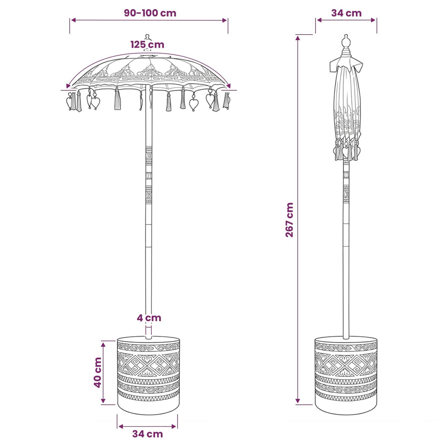 Balinesisk parasol med base 2 stk. Gul