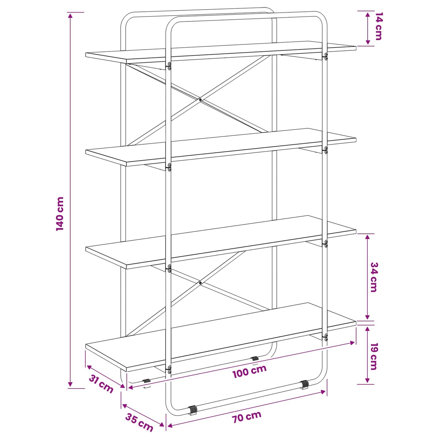 Bogreol 4 niveauer 100 x 35 x 140 cm PB Egetræ