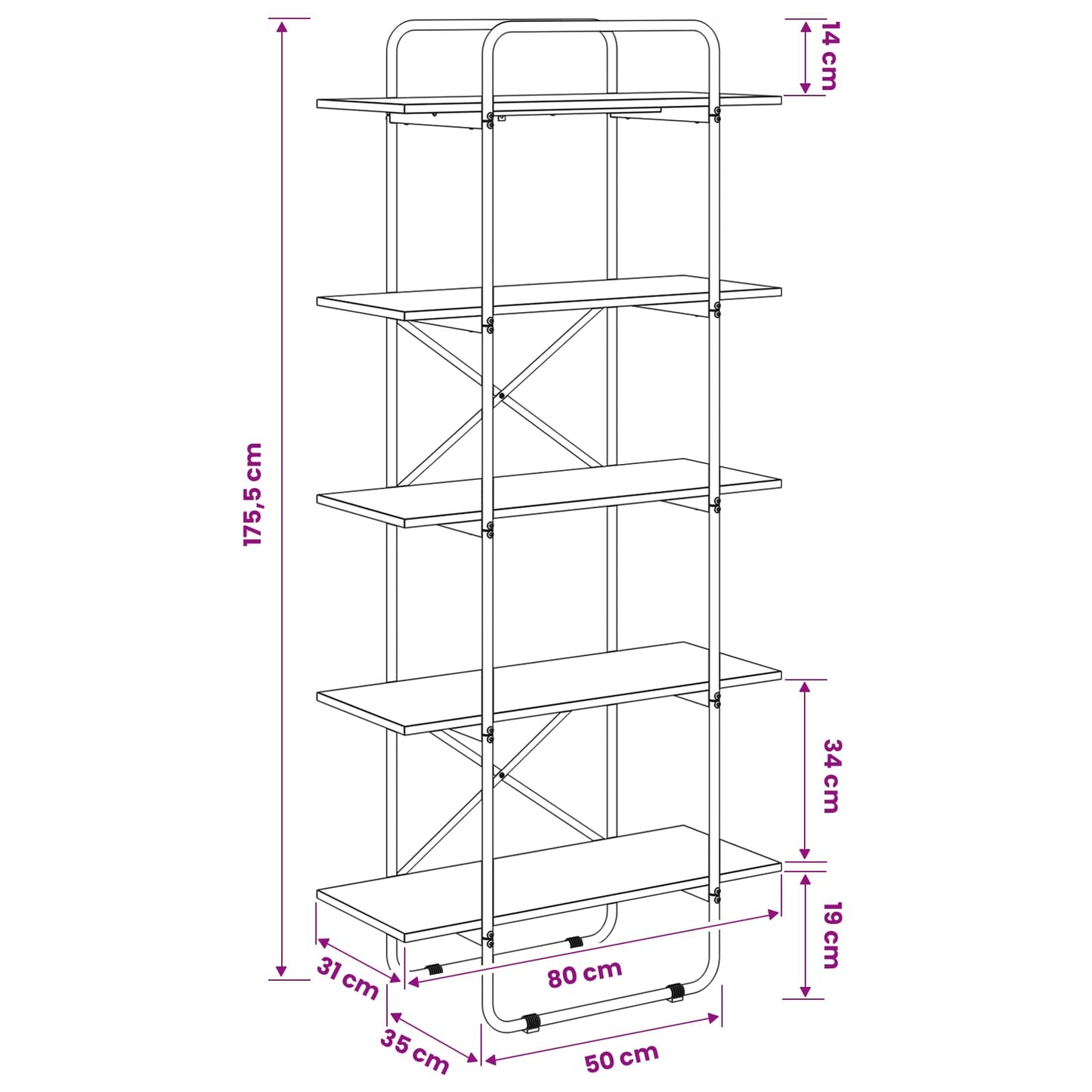 Bogreol 5 niveauer 80 x 35 x 175,5 cm PB Egetræ