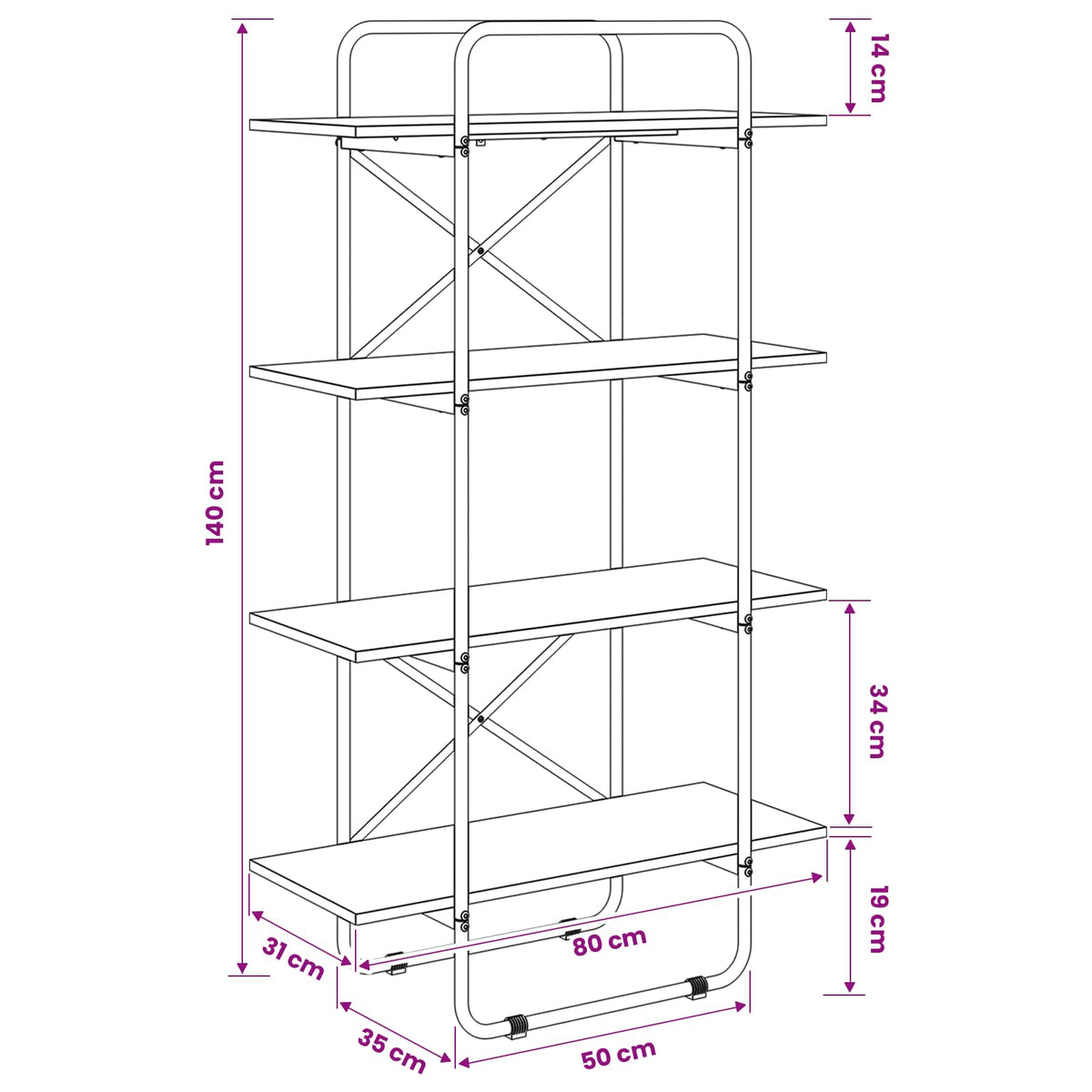 Bogreol 4 niveauer 80 x 35 x 140 cm PB Sonoma-eg