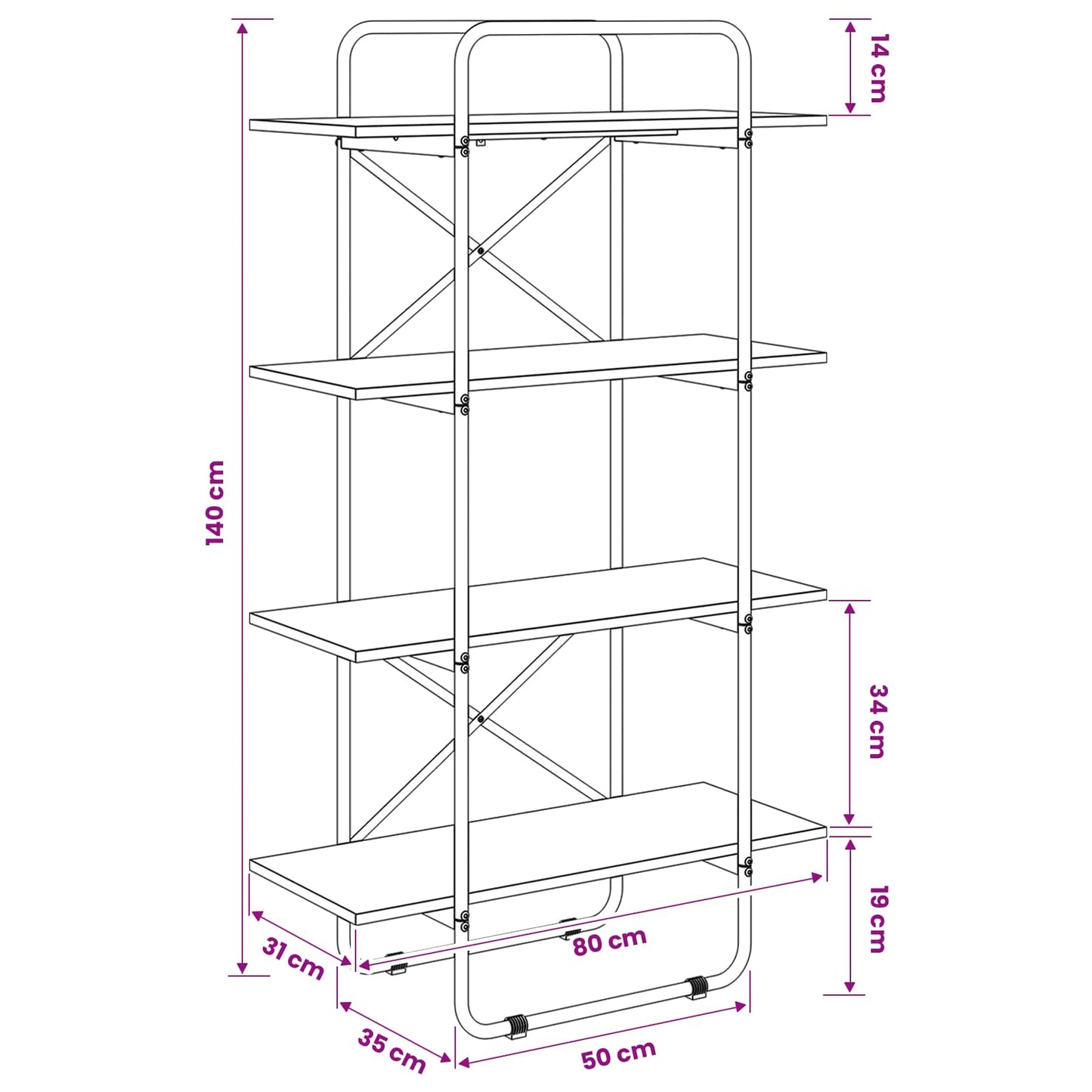Bogreol 4 niveauer 80 x 35 x 140 cm PB Røget eg
