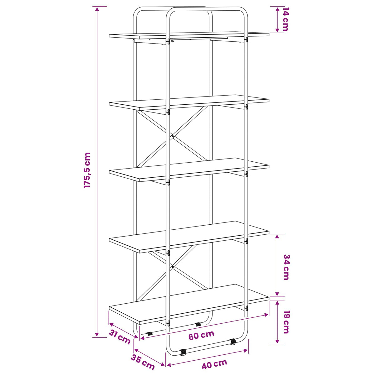 Bogreol 5 niveauer 60 x 35 x 175,5 cm PB Artisan-eg